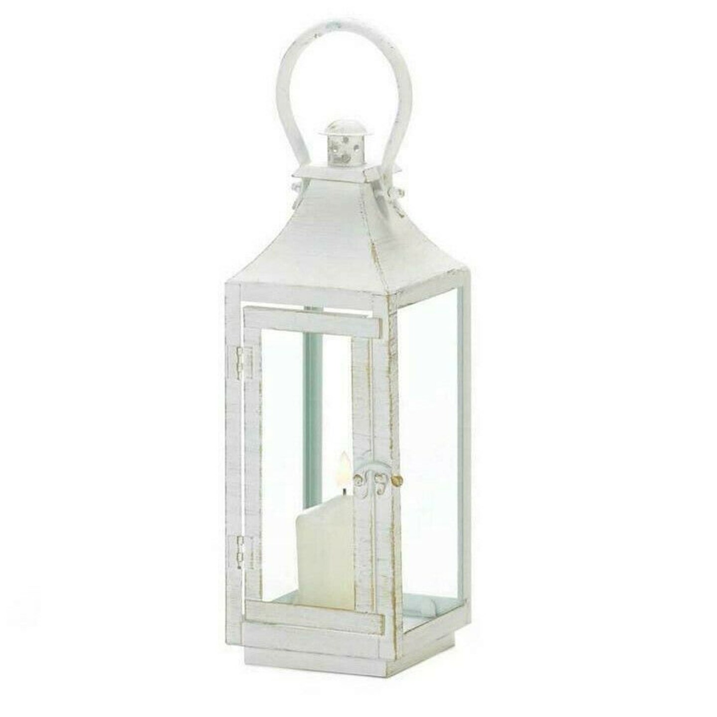 Accent Plus Home Decorative Distressed White Metal Candle Lantern - 12 inches