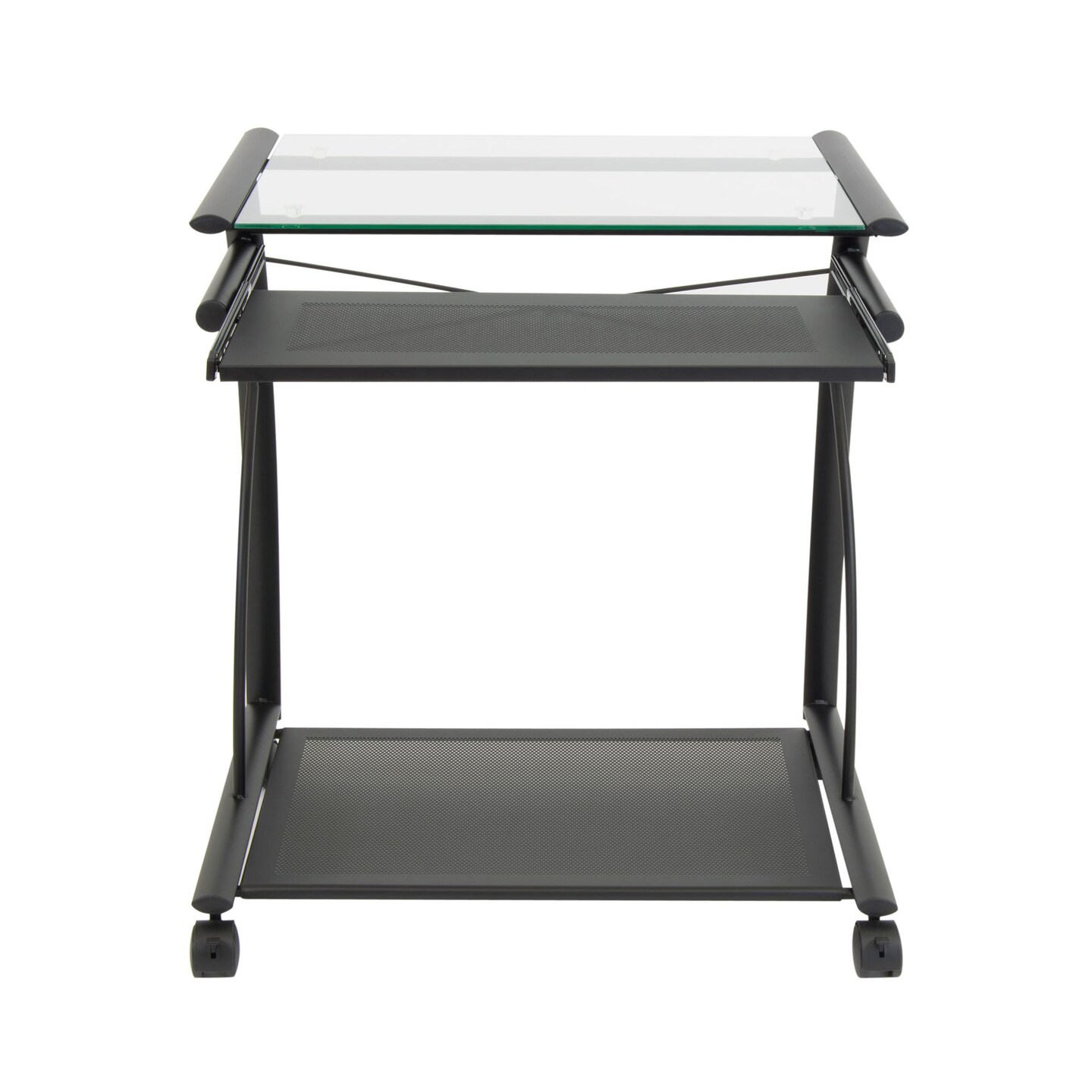 L Cart Compact Computer Cart with Storage and Keyboard Shelf - Black / Clear Glass