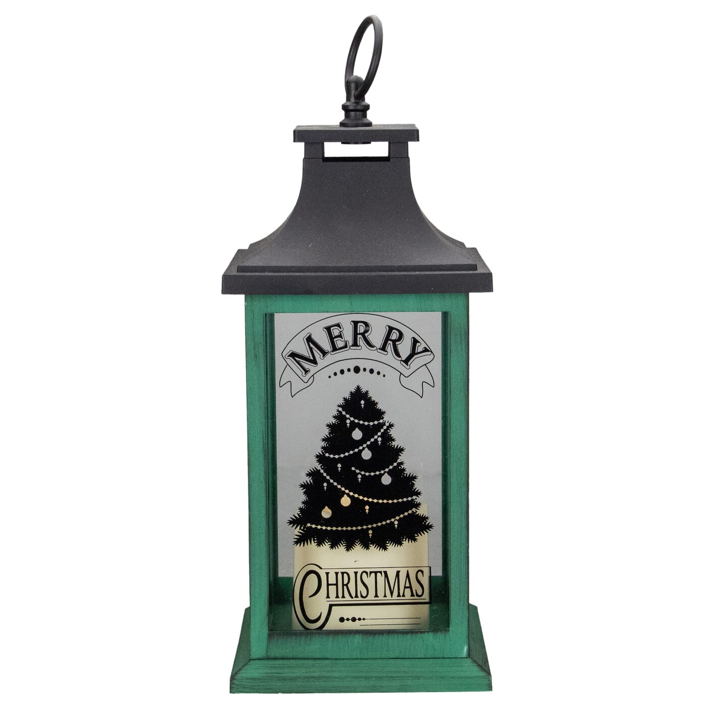 Northlight 12&#x22; Green and Black LED Candle With Christmas Tree Tabletop Lantern