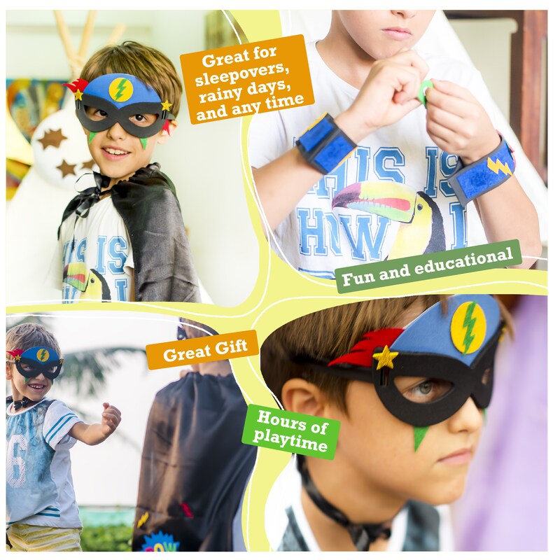Superhero DIY Dress up Art and Craft Kit | Make a Cape, Mask and Cuffs | Best Gift for Boys Ages 5 6 7 8 Years | 3 Craft Projects in 1 Box
