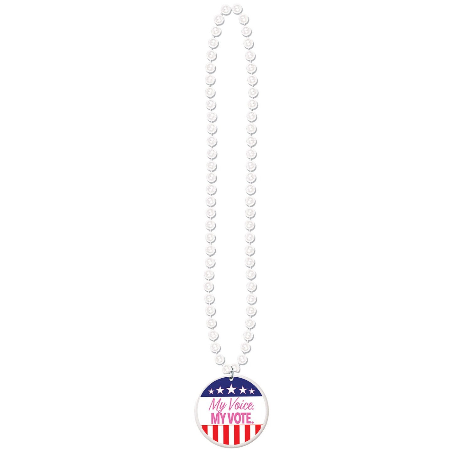 Beistle Set of 12 White Beaded Necklace with “My Voice. My Vote.” Medallion 33”