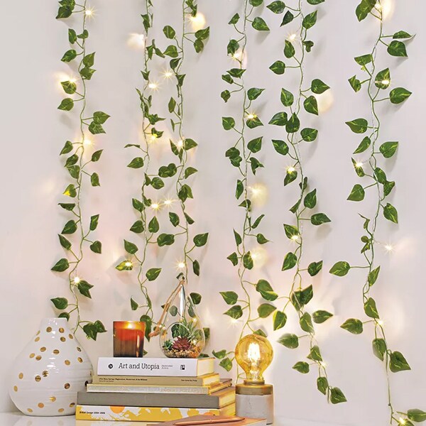 Perfect Holiday 66 LED Ivy Leaf Curtain String Lights Battery Operated - Warm White