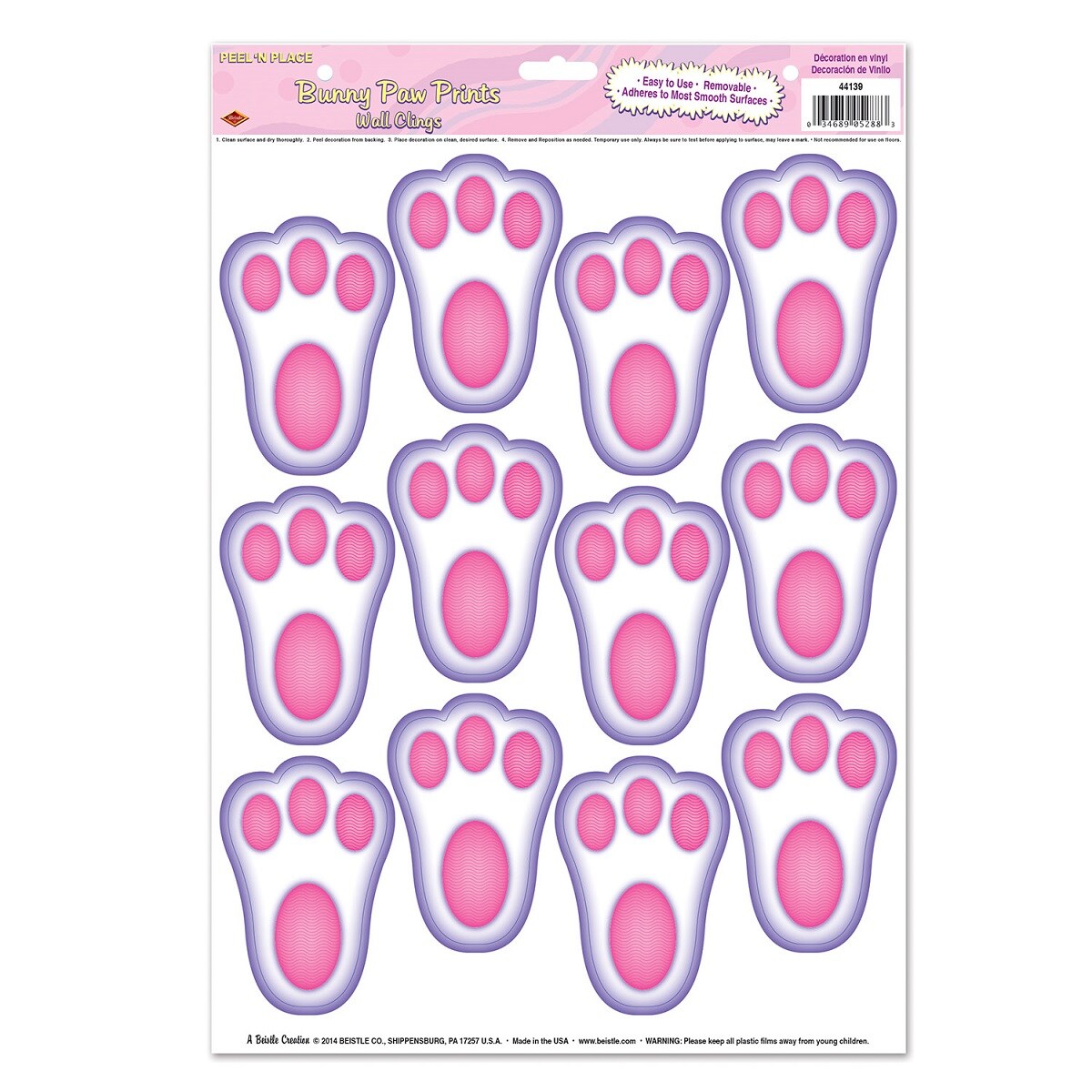 Beistle Club Pack of 144 White and Pink Bunny Paw Print Peel 'n Place Easter Party Decorations 17"