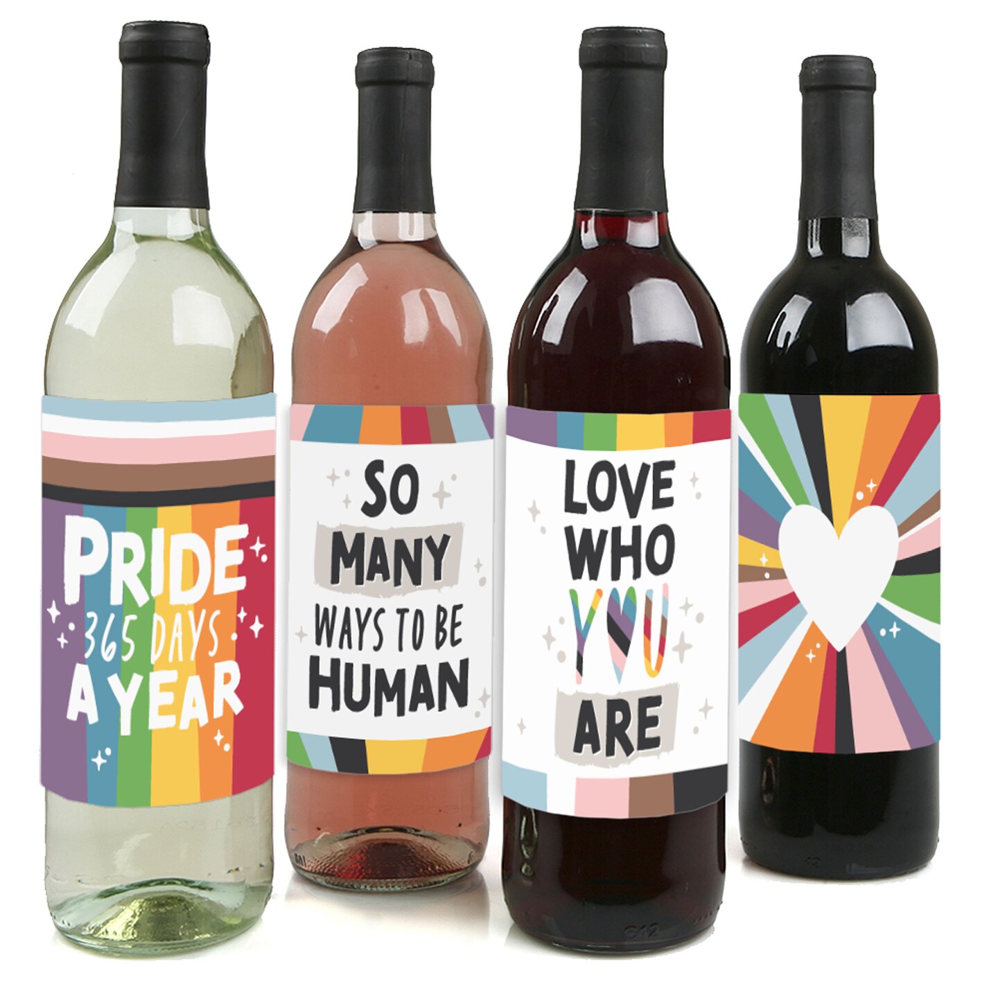 Big Dot of Happiness So Many Ways to Be Human - Pride Party Decorations for Women and Men - Wine Bottle Label Stickers - Set of 4