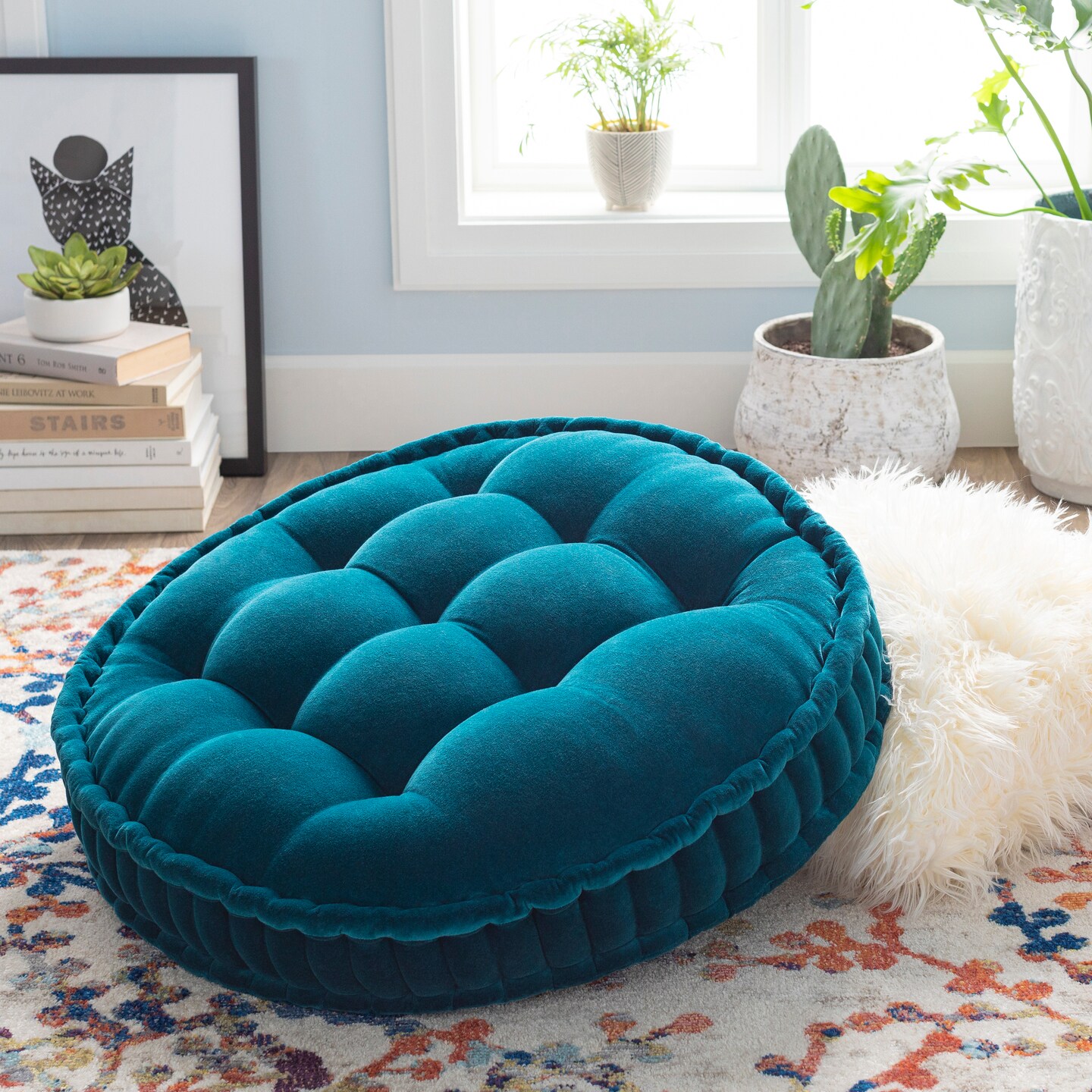 Tiwari Home 30" Teal Blue Velvet Round Throw Pillow Cover with Welt Edge - Down Filled