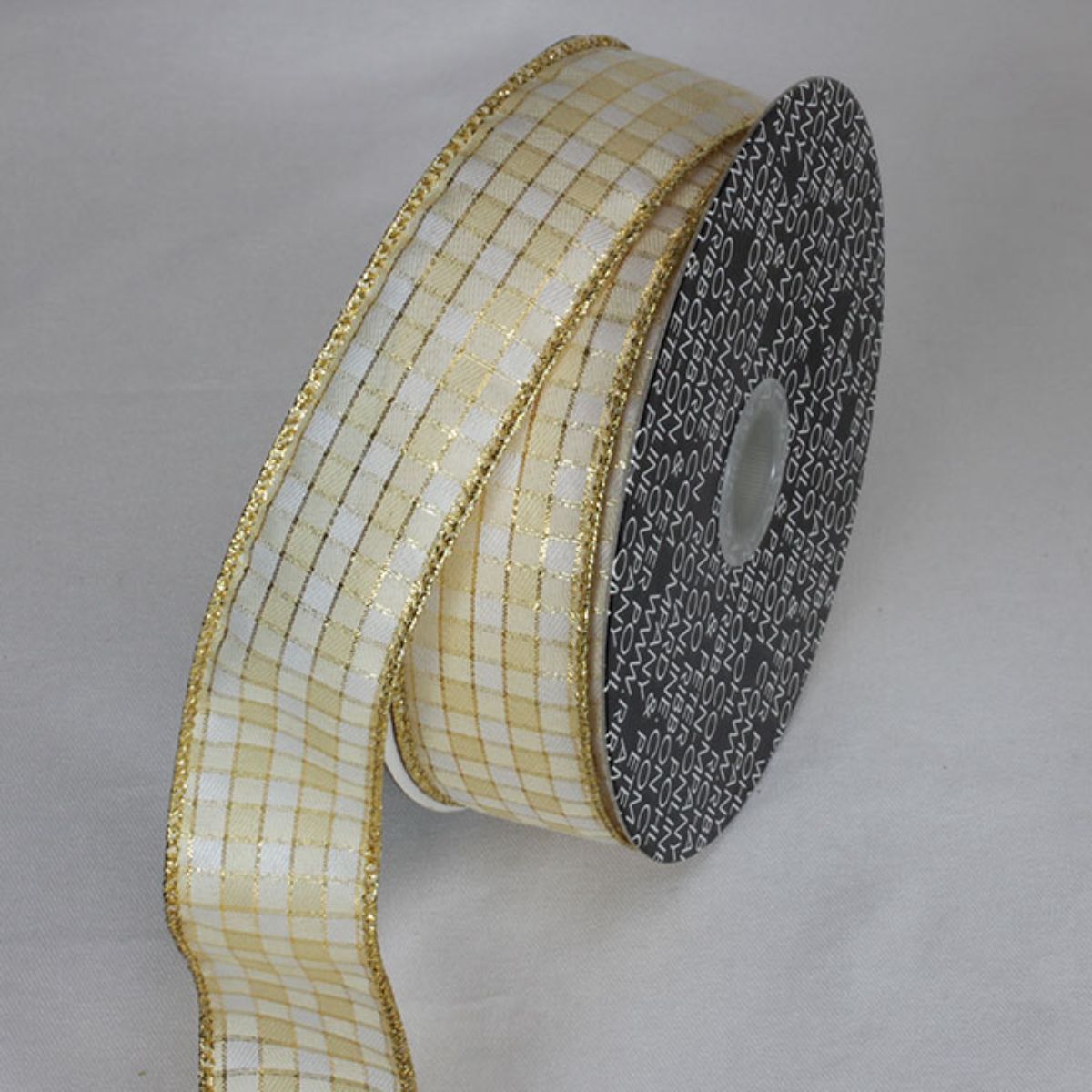 The Ribbon People Gold and Ivory Holiday Plaid Metallic Wired Craft Ribbon 1.5&#x22; x 20 Yards