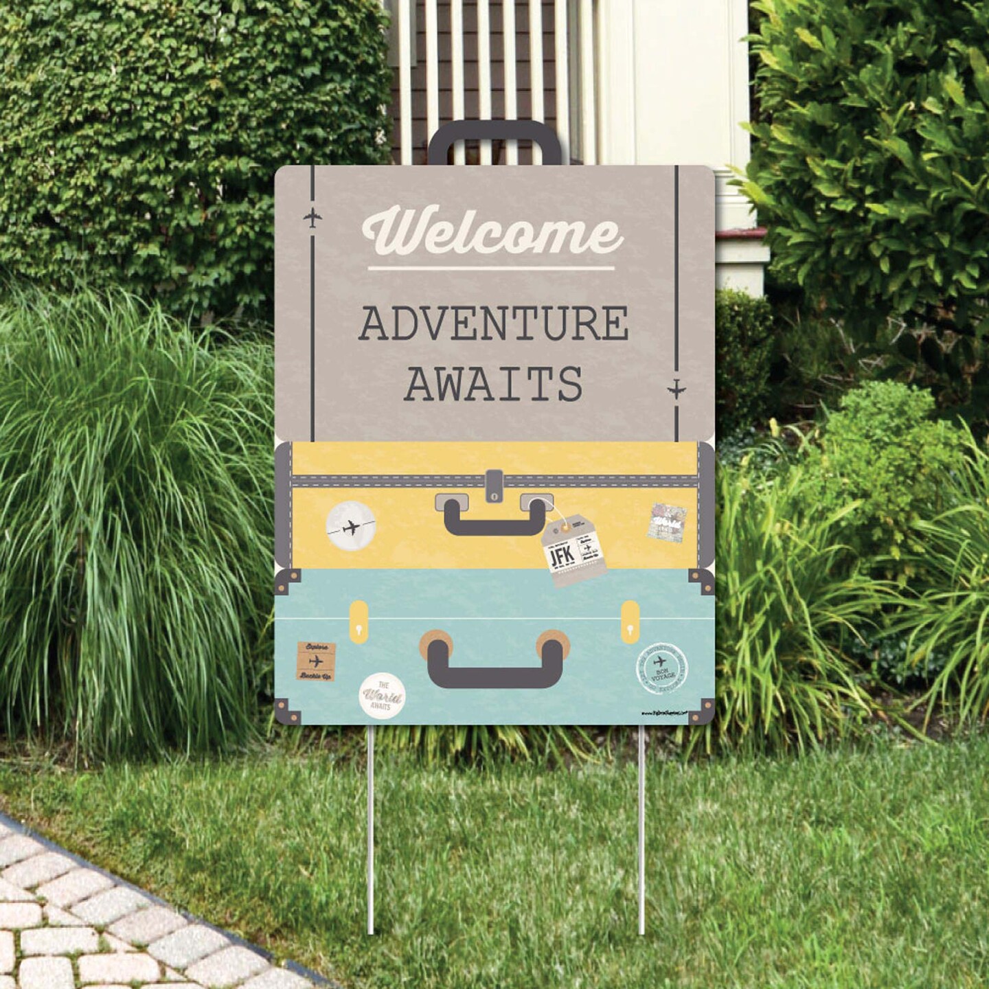 Big Dot of Happiness World Awaits - Party Decorations - Travel Themed Bridal Shower, Birthday or Retirement Party Welcome Yard Sign