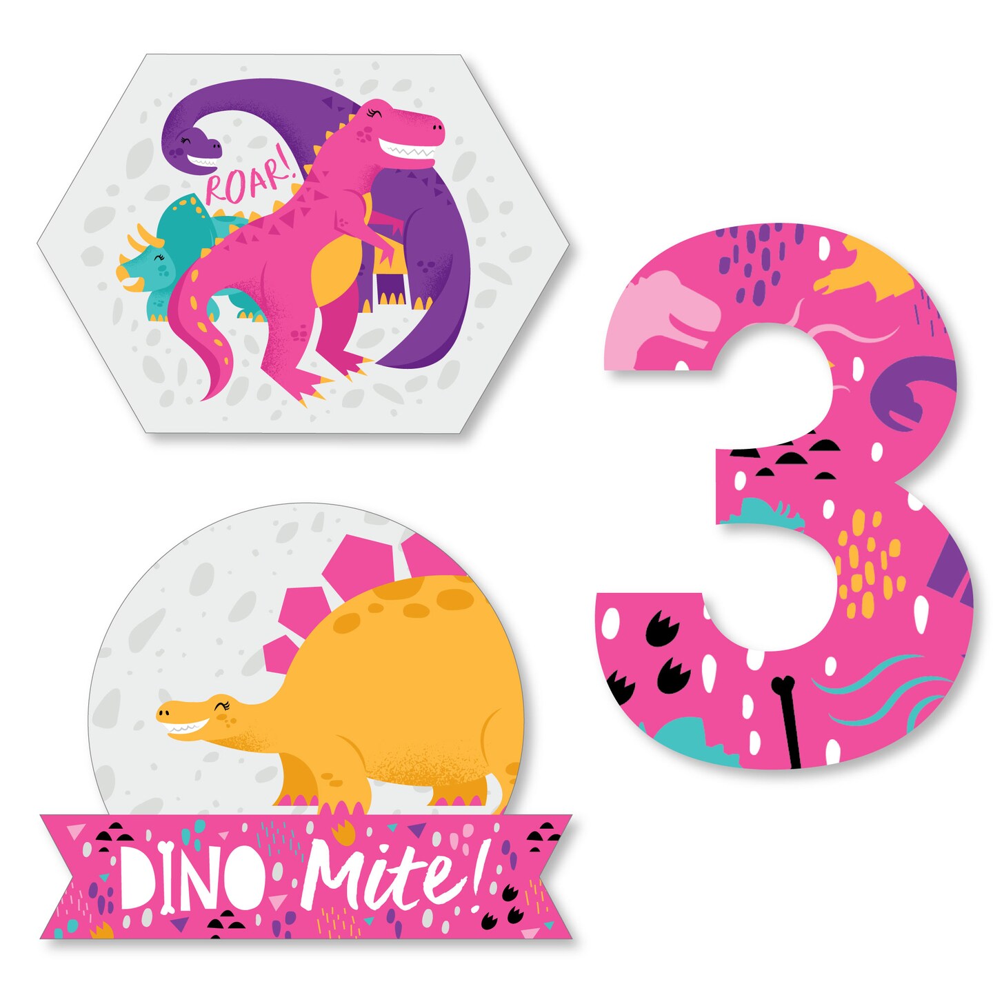 Big Dot of Happiness 3rd Birthday Roar Dinosaur Girl - DIY Shaped Three Rex Dino Third Birthday Party Cut-Outs - 24 Count
