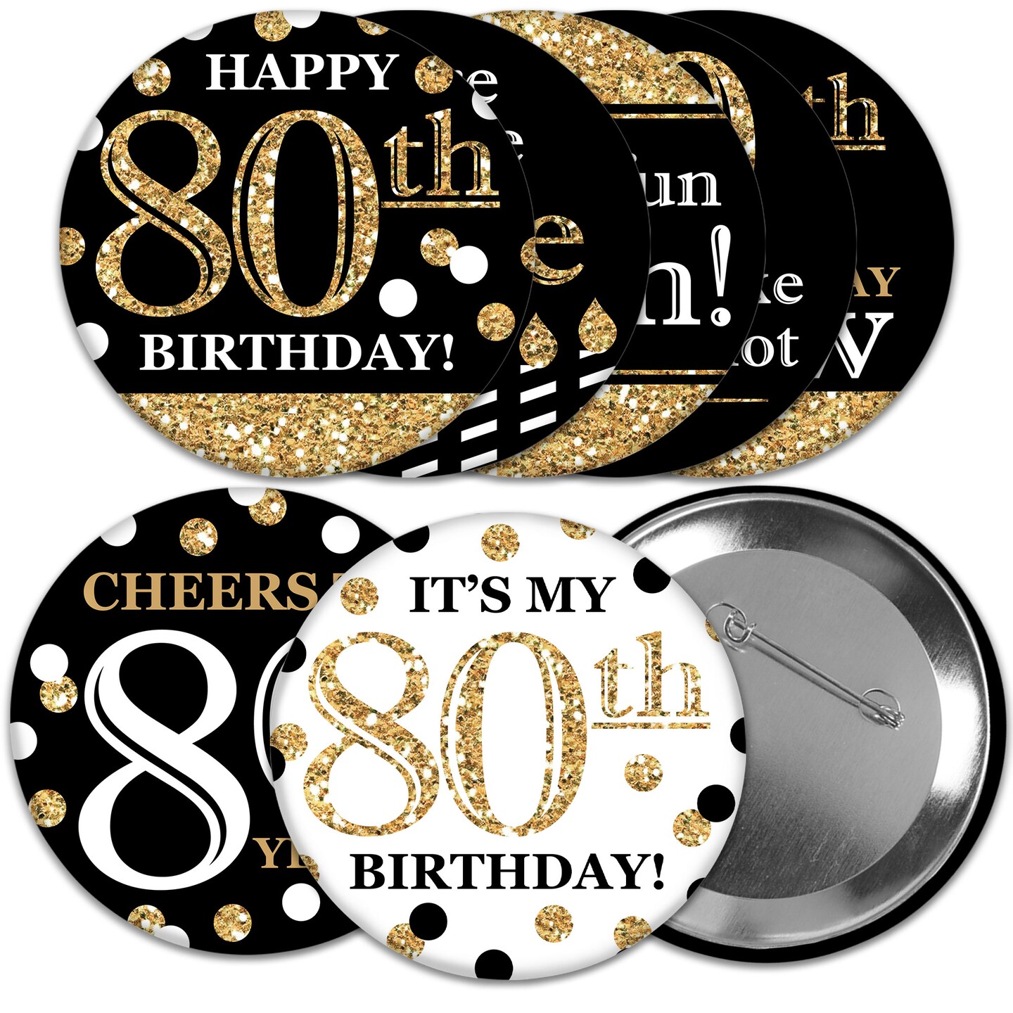 Big Dot of Happiness Adult 80th Birthday - Gold - 3 inch Birthday Party Badge - Pinback Buttons - Set of 8