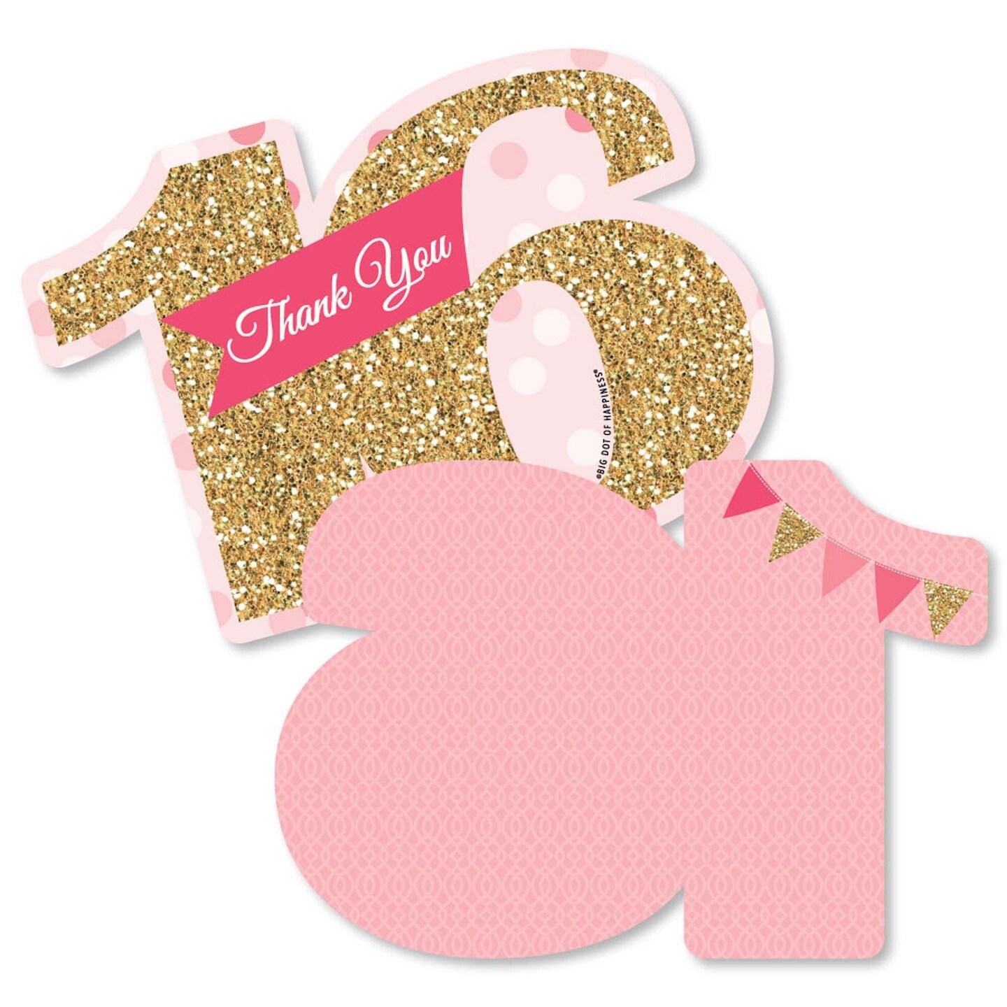 Big Dot of Happiness Sweet 16 - Shaped Thank You Cards - 16th Birthday Party Thank You Note Cards with Envelopes - Set of 12
