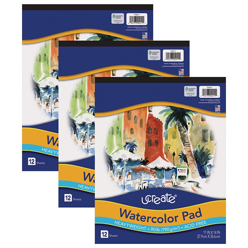 Watercolor Pad, 90 lb., 11&#x22; x 14&#x22;, 12 Sheets, Pack of 3