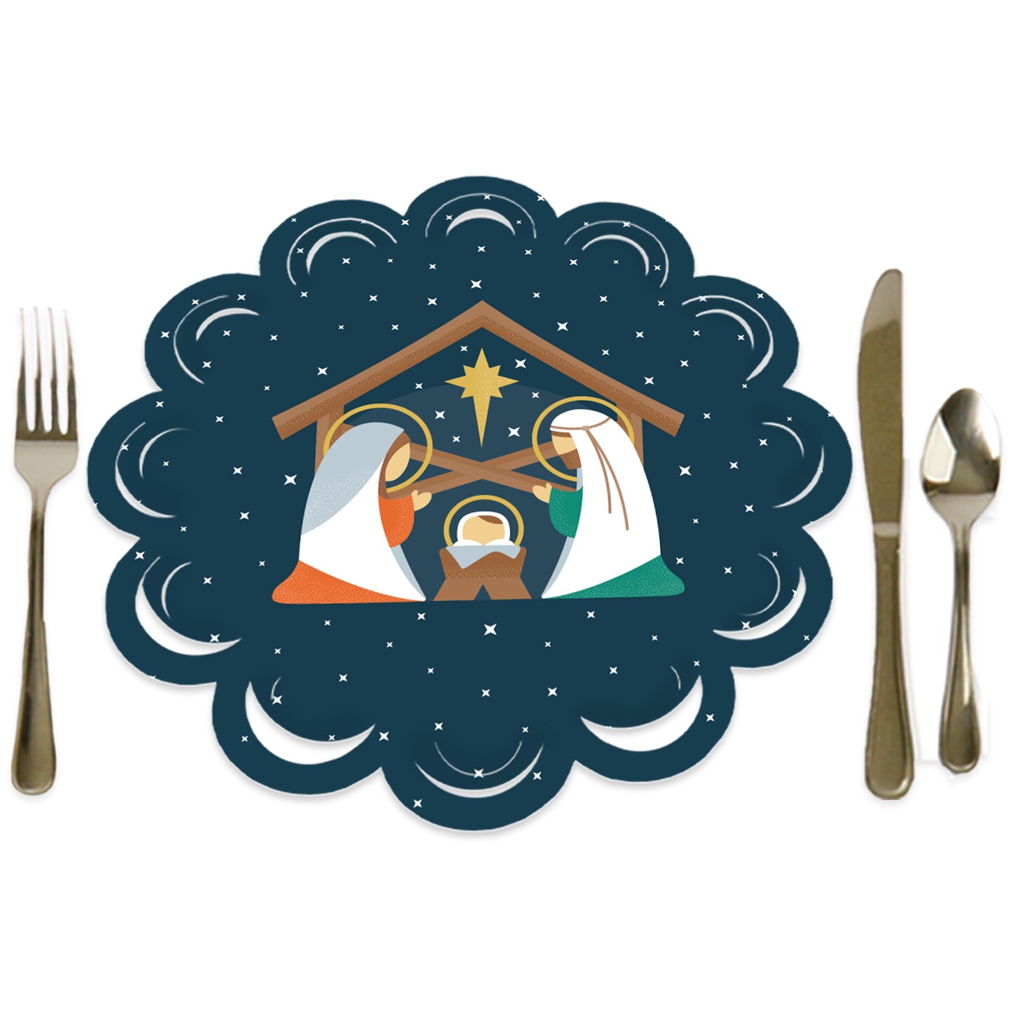 Big Dot of Happiness Holy Nativity - Manger Scene Religious Christmas Round Table Decorations - Paper Chargers - Place Setting For 12
