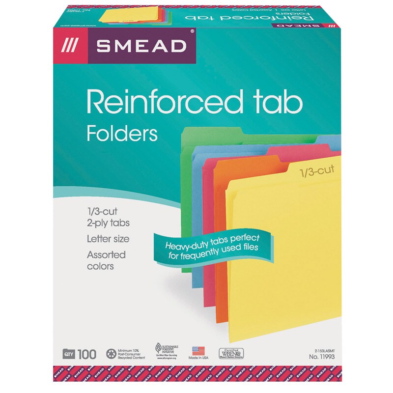 File Folders, Reinforced 1/3-Cut Tab, Letter Size, Assorted Colors, Box of 100