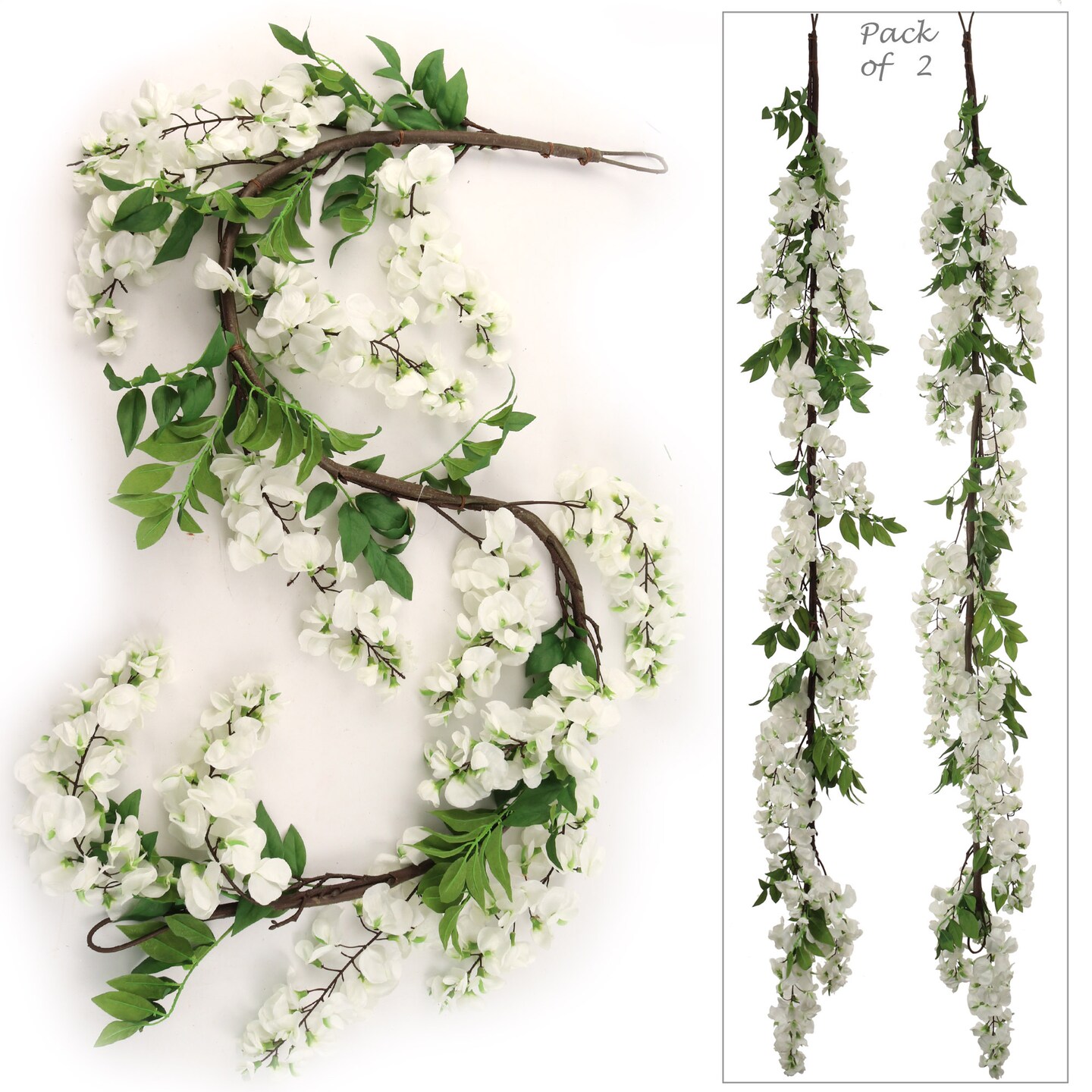 Set of 2 White Silk Wisteria Garlands - 5 Ft Elegant Artificial Floral Decor for Weddings, Parties &#x26; Home Interiors - Realistic Blooms Floral Home by Artificial Flowers
