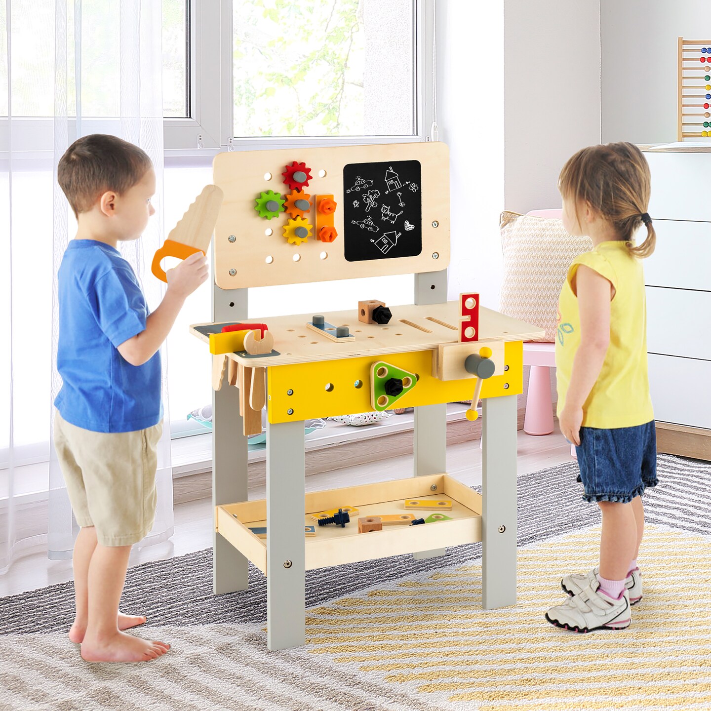 Costway Wooden Tool Bench Workbench Toy Play for Kids with Tools Set for Toddlers Ages 3 +