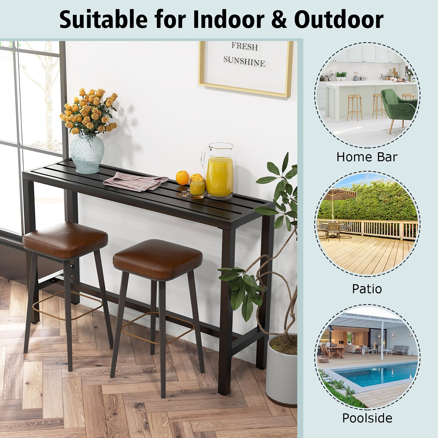 Costway Outdoor Metal Bar Table Patio Rectangular Counter Height Dining Table Black
