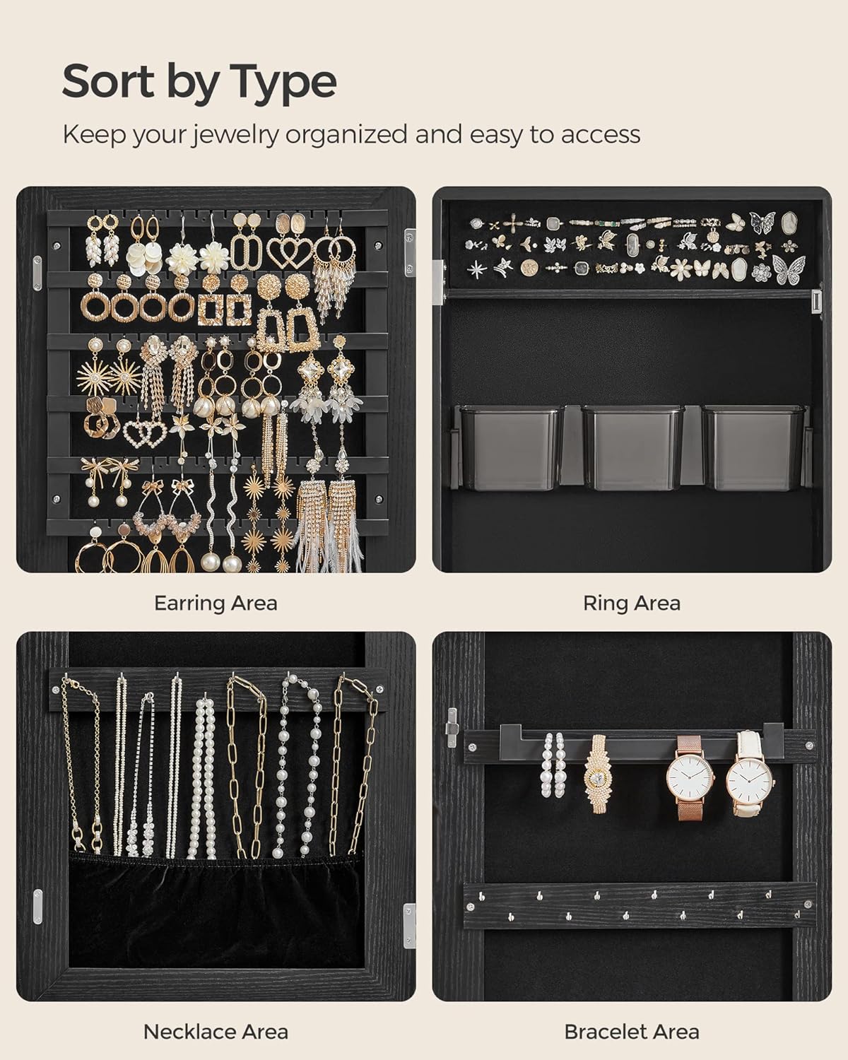 Mounted Jewelry Storage with 2 Plastic Cosmetic Organizers