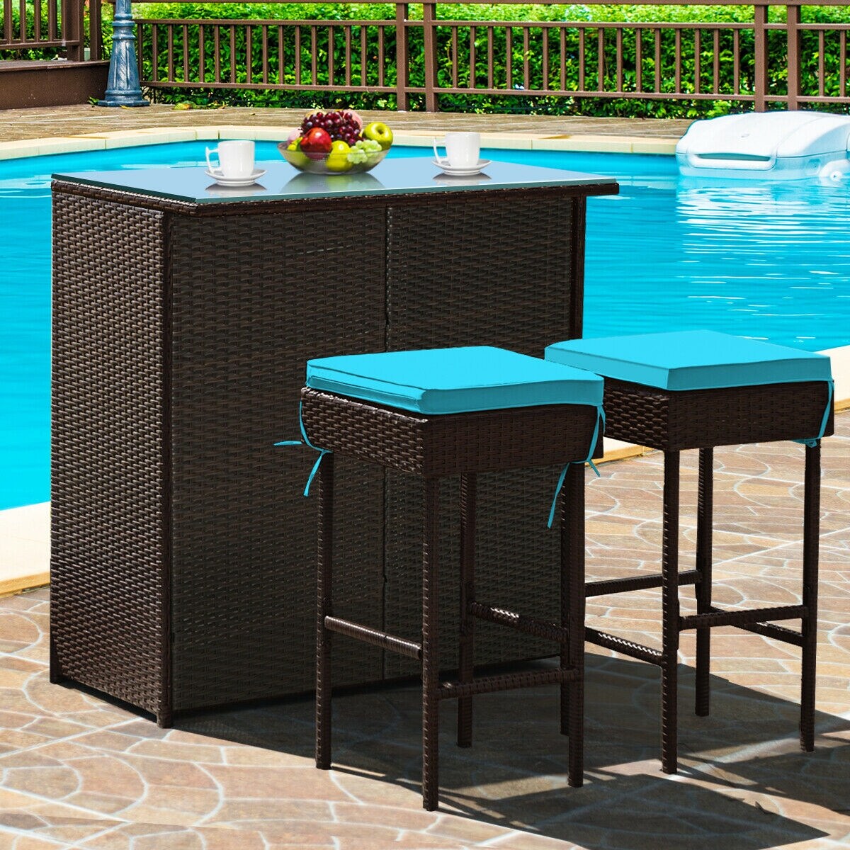 3-piece Rattan Wicker Bar Table Stools Dining Set Cushioned Chairs