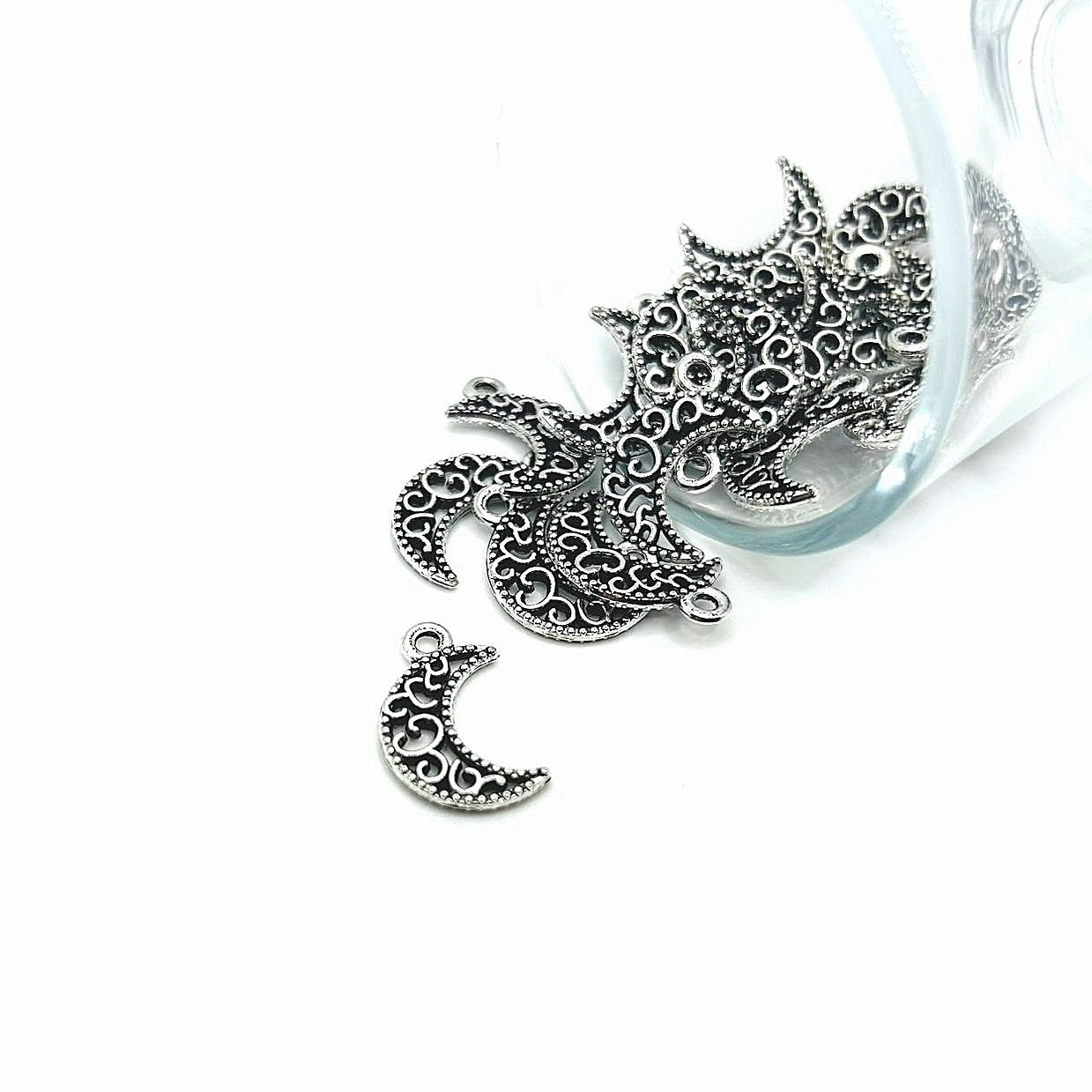 4, 20 or 50 Pieces: Silver Filigree Crescent Moon Charms - Double Sided