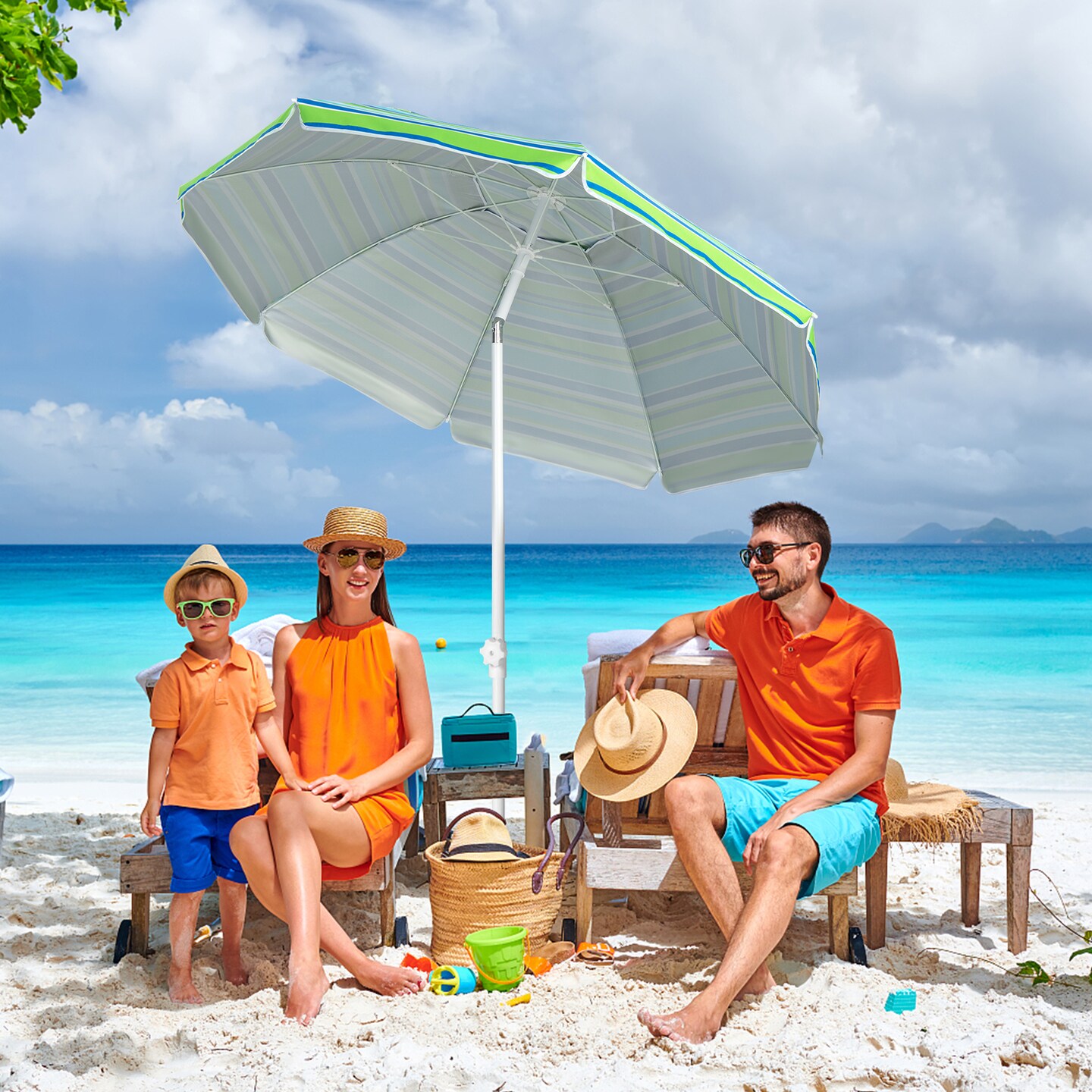 Patio Beach Umbrella with Cup Holder Table and Sandbag
