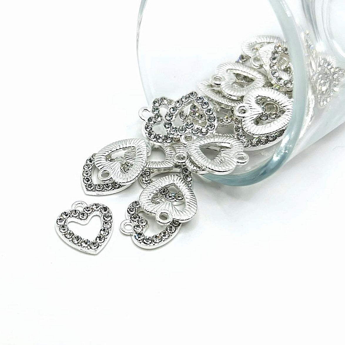 1, 4, 20 or 50 Pieces: Silver Plated Rhinestone Heart Charms