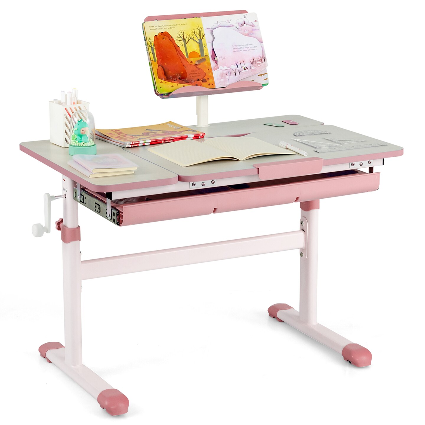 Costway Height-Adjustable Kids Desk Children Study Table with Tilt Desktop & Book Stand Blue/Pink