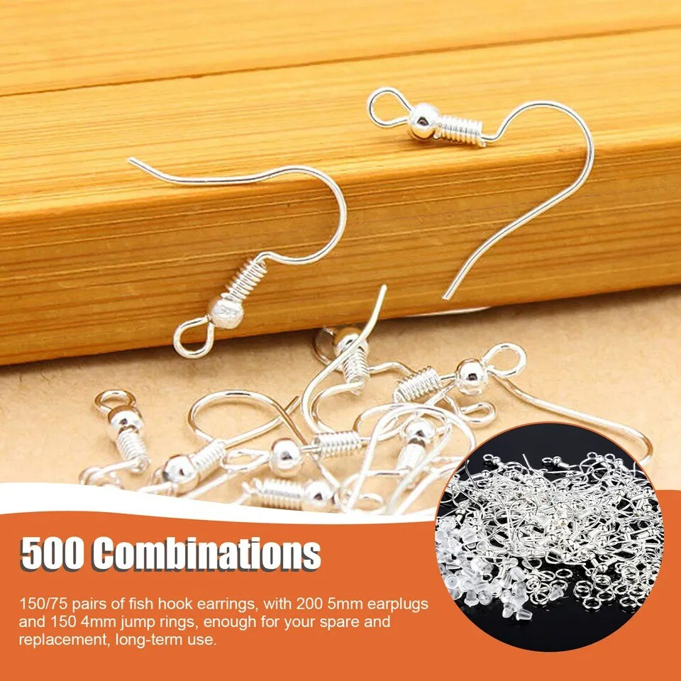 500Pcs 925 Silver DIY Earring Hooks Jewelry Beads Ear Wires Making Findings Kit