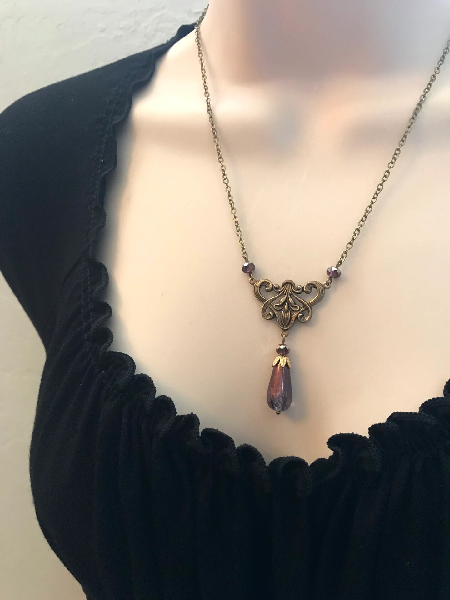 Art Nouveau purple teardrop necklace, glass pendant, oxidized