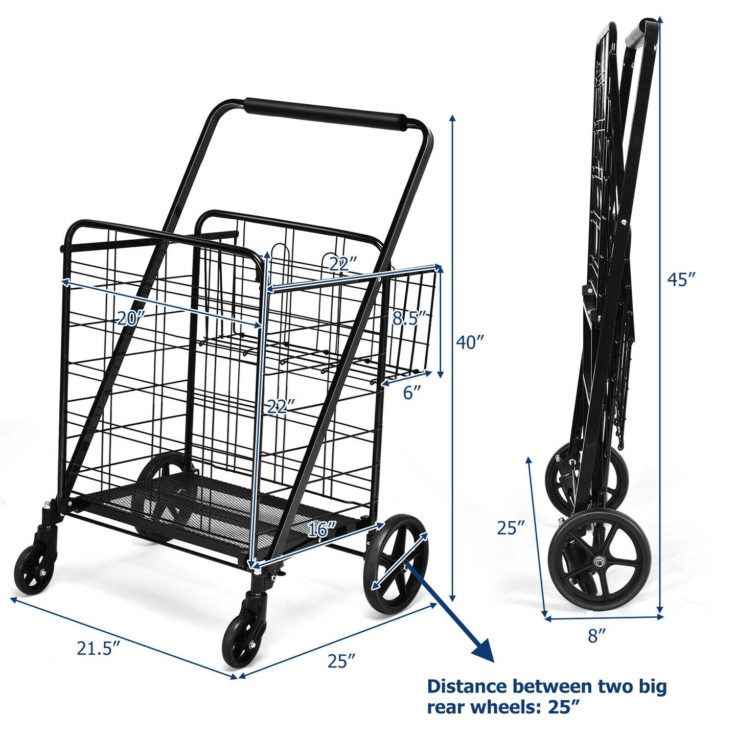 Heavy Duty Steel Folding Utility Shopping Double Cart with Mesh Base and Sturdy Rod