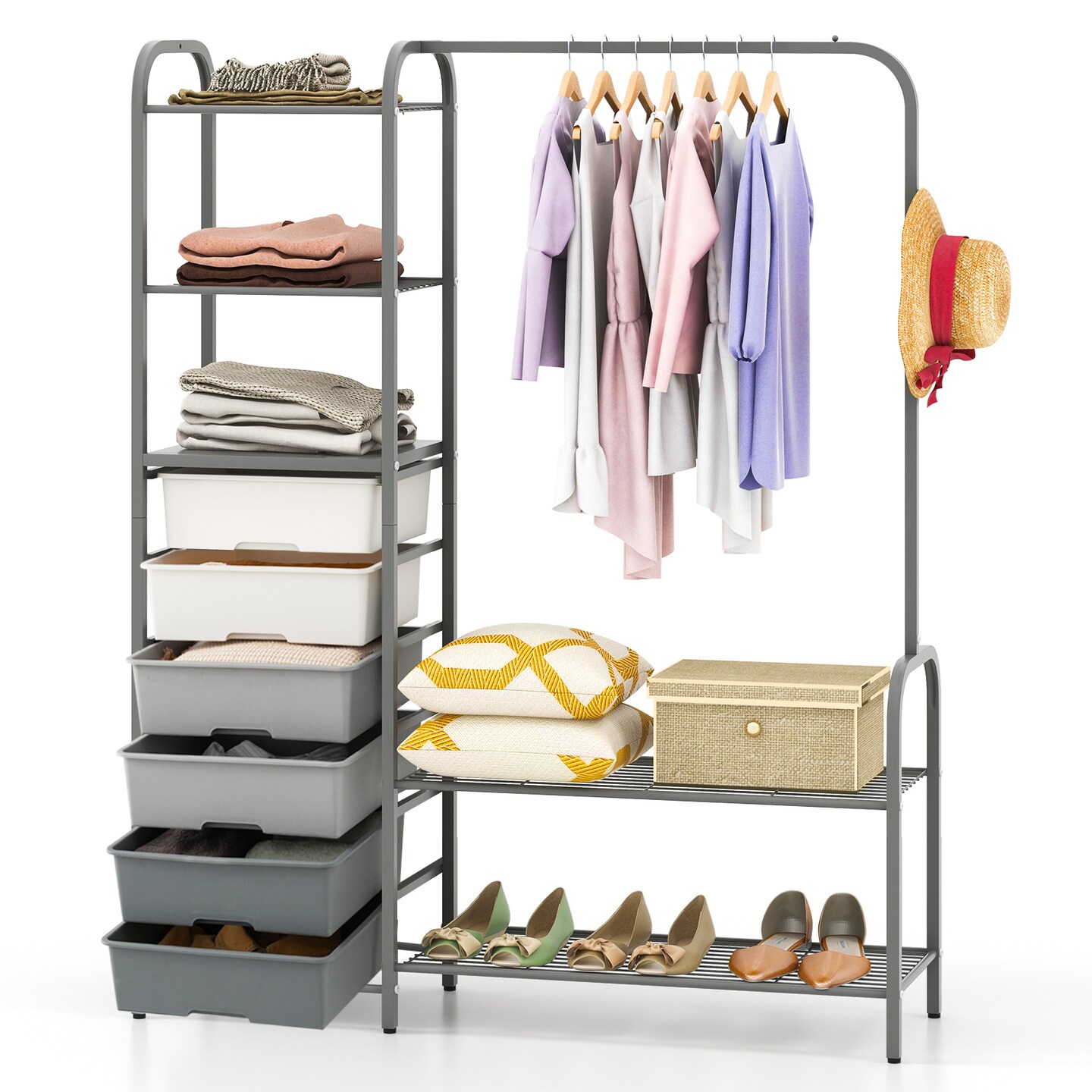 Free Standing Closet Organizer with Removable Drawers and Shelves-Grey