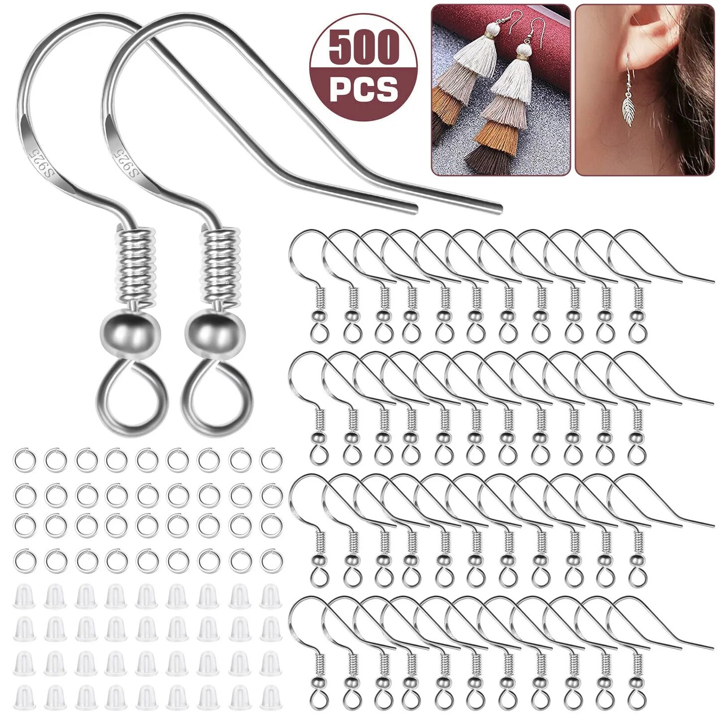 500Pcs 925 Silver DIY Earring Hooks Jewelry Beads Ear Wires Making Findings Kit