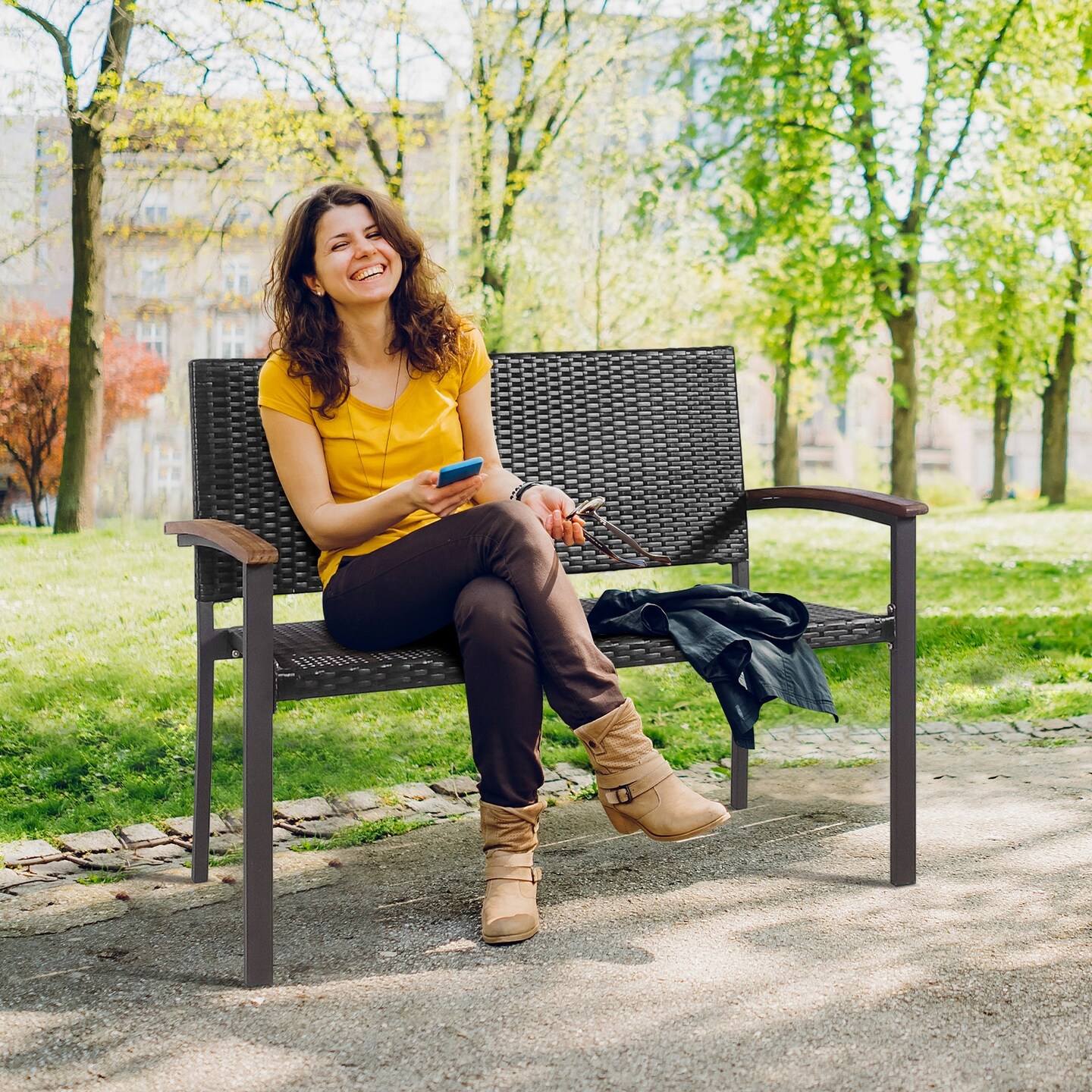 Rattan Patio Seating Bench with Steel Frame and Wood Arms Brown