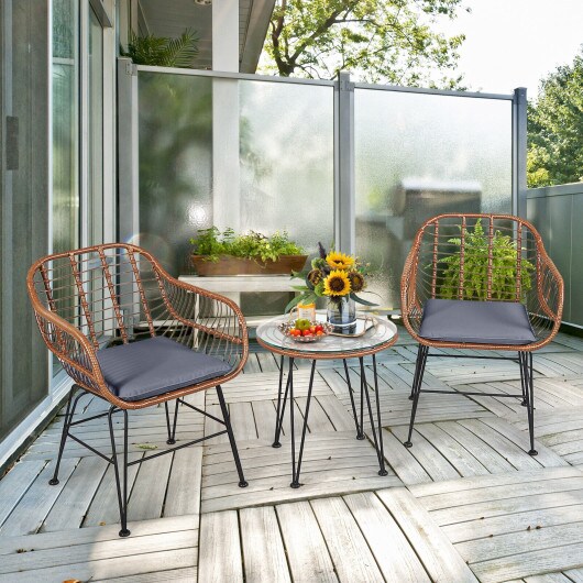 3 Pieces Patio Rattan Bistro Set with Cushion