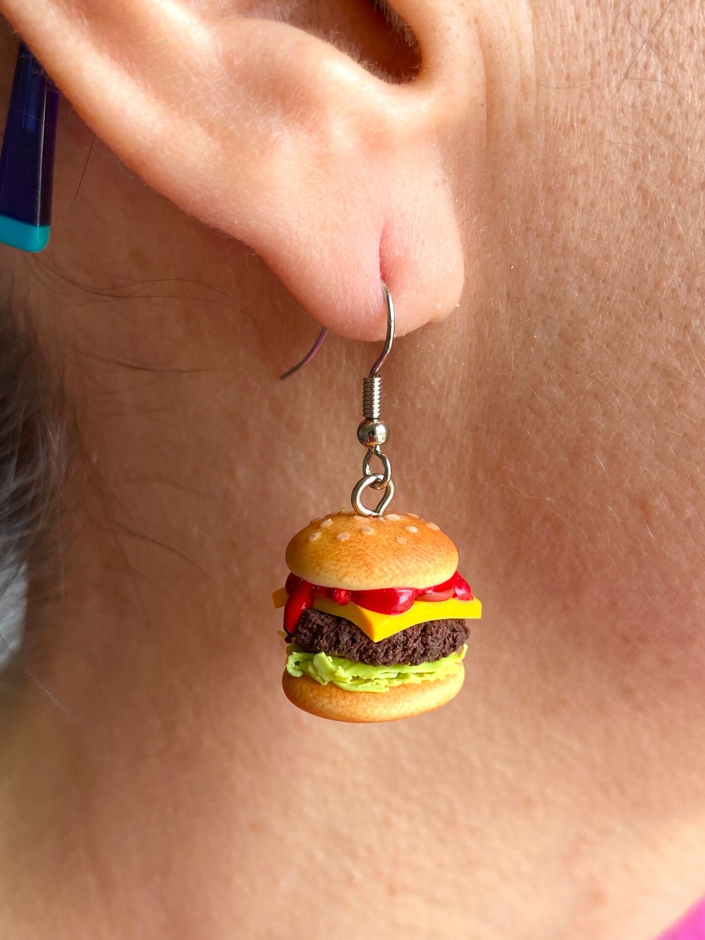Minimalist Hamburger Earrings, Fun Cute Polymer Clay Food Cheeseburger Earrings Dangle, Handmade Summer Jewelry Unique Design Gifts