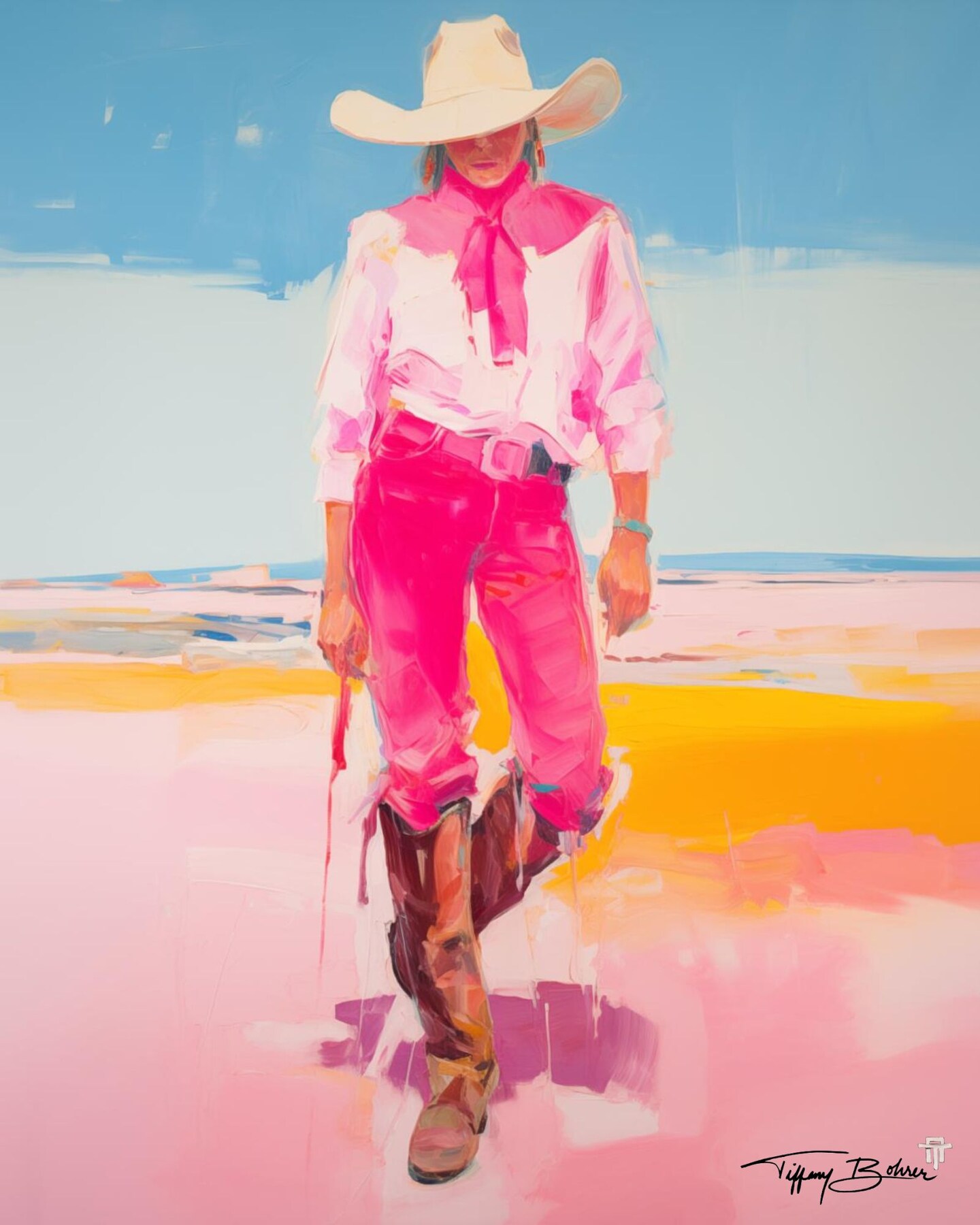 Determined Cowgirl in Pink - Giclee Fine Art Print on Heavy Fine Art Paper - Original Art by Tiffany Bohrer, Tipsy Artist