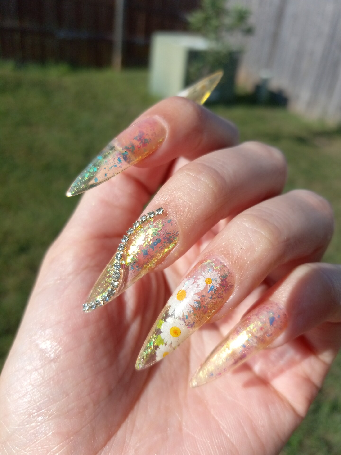 Sunflower Press on Nails, Summer nails, gold flake, clear, jelly