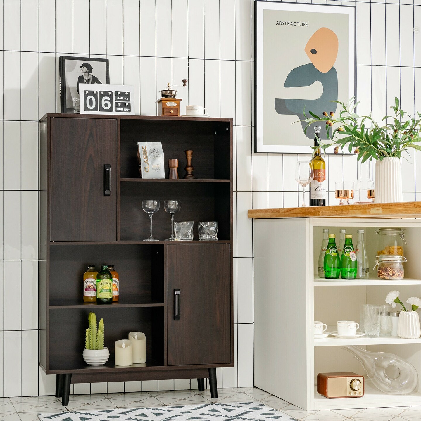 4-tier Accent Sideboard Storage Cabinet with 2 Storage Doors and 4 Open Shelves