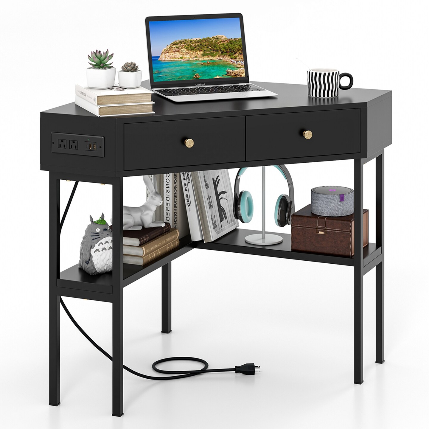 Costway Corner Computer Desk Writing Workstation Study Desk w/ 2 Drawers White\Black\Gold