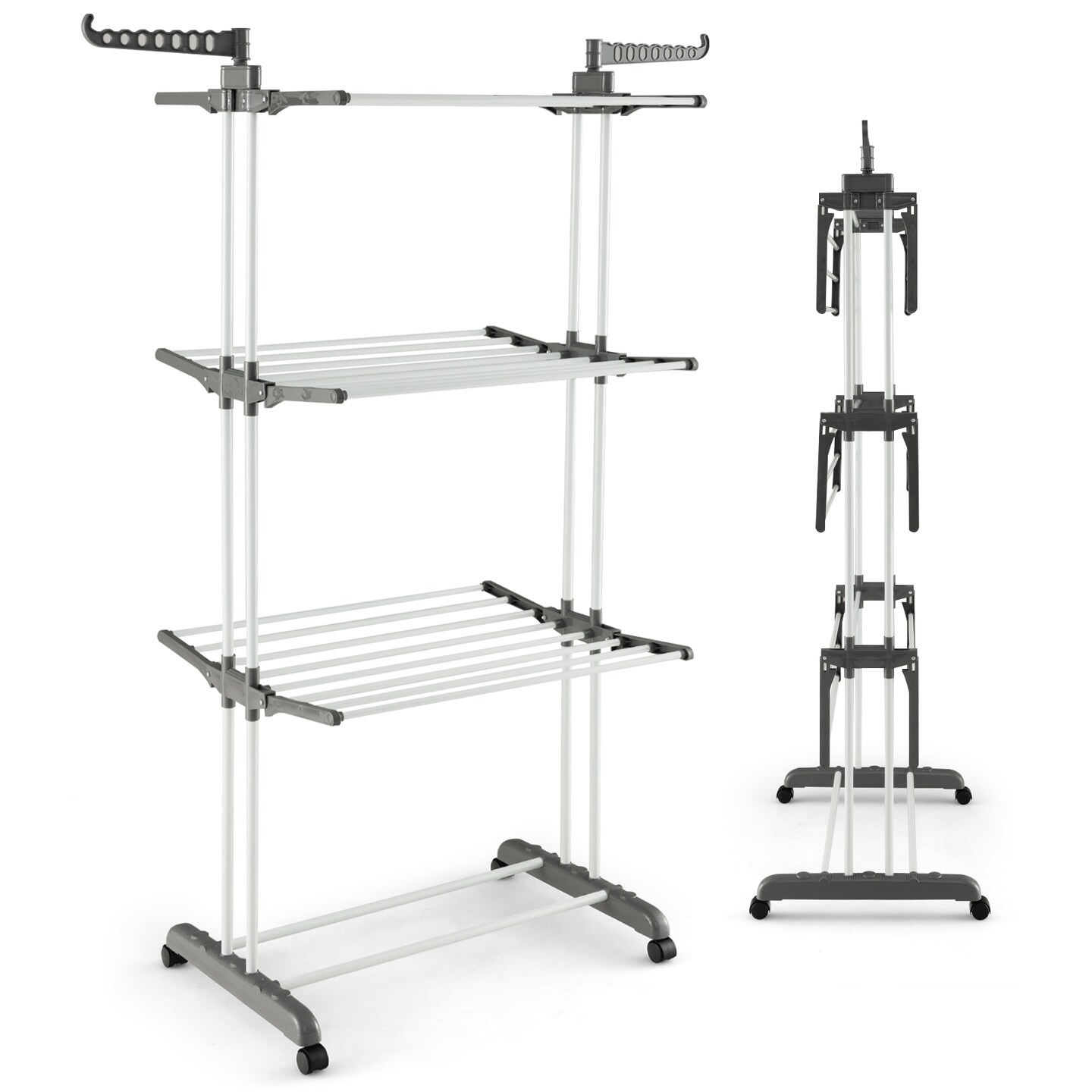 4-Tier Folding Rolling Clothes Drying Rack with Shoe Shelf and Hanger Holders for Indoor and Balcony