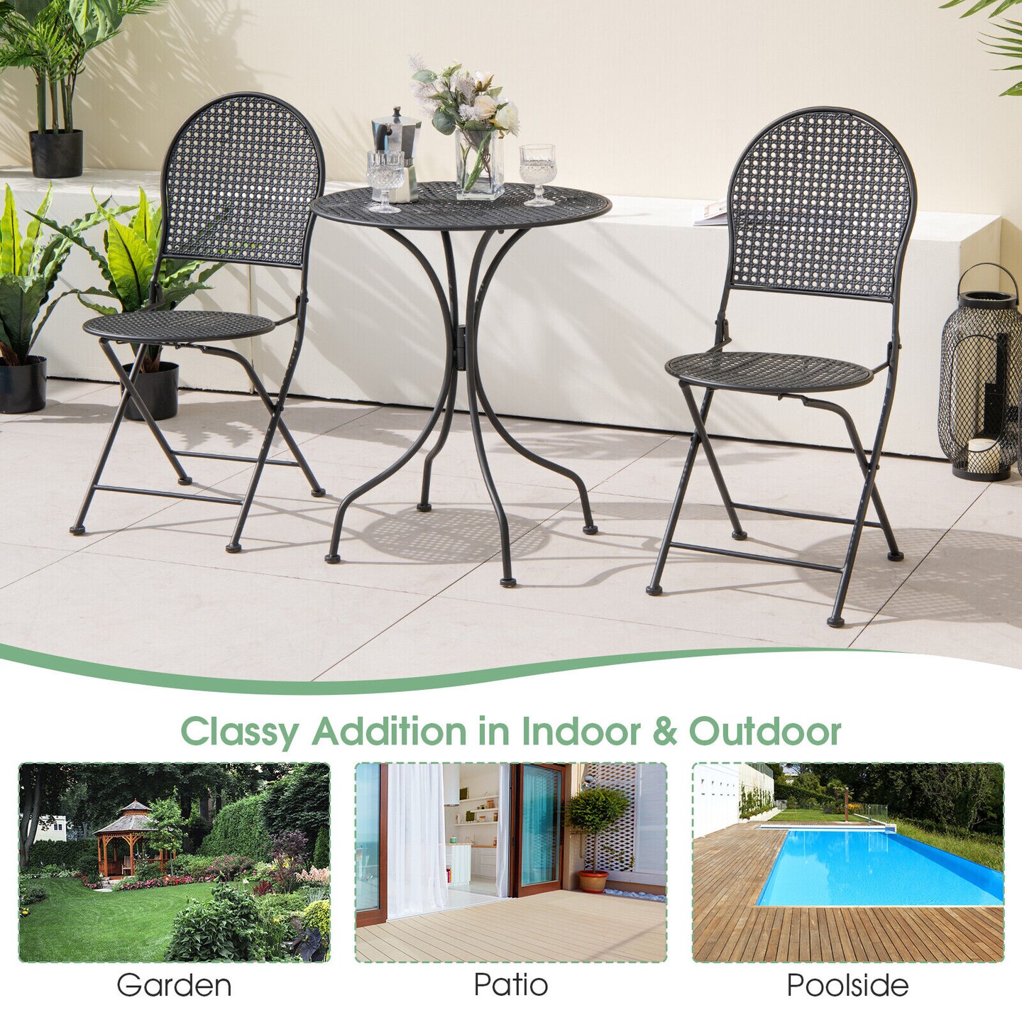 Compact Patio Bistro Set 3-Piece Foldable Metal Table Chairs Black