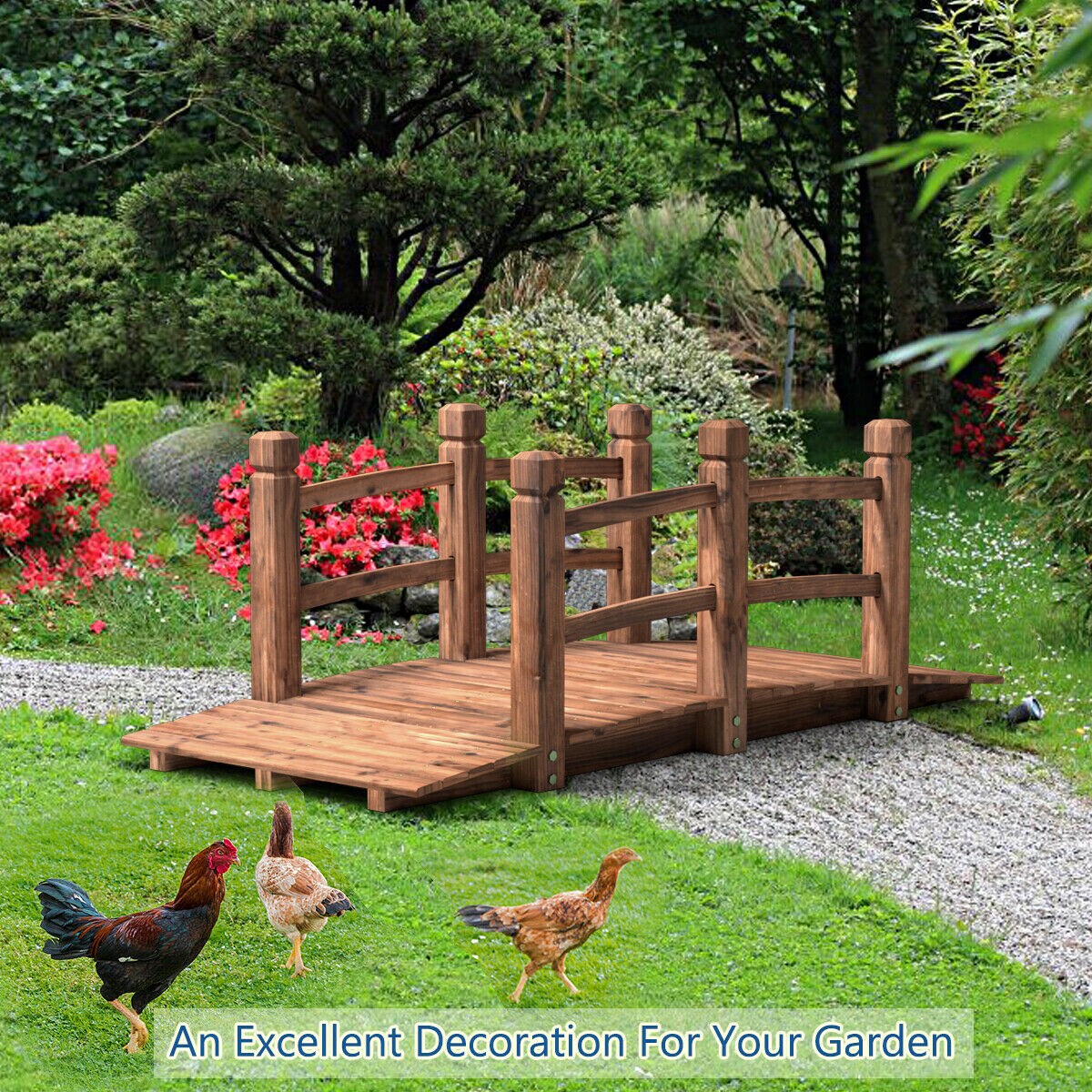 5' Wooden Garden Bridge Arc Stained Finish Footbridge Decorative