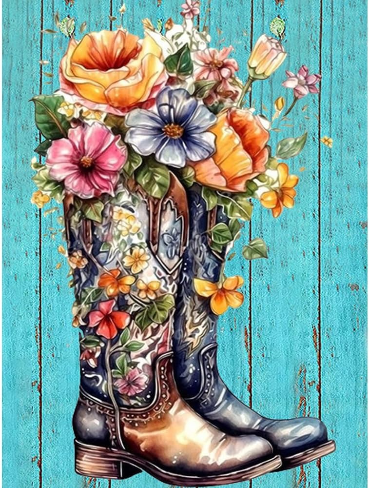 Attractive 5D Flower Cowboy Boots Painting