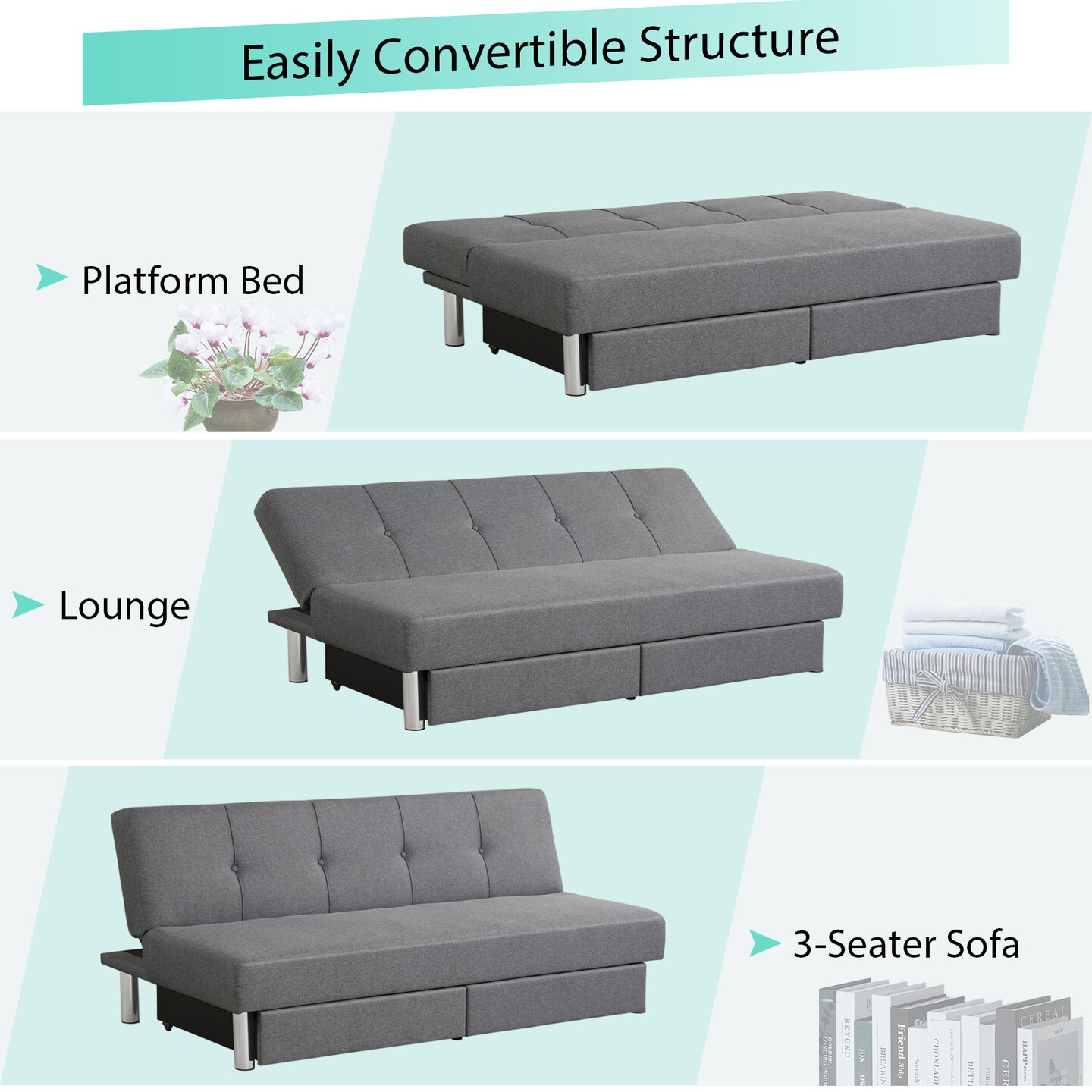 3-Seat Grey Sofa Bed Linen Fabric With High-Density Sponge And Storage