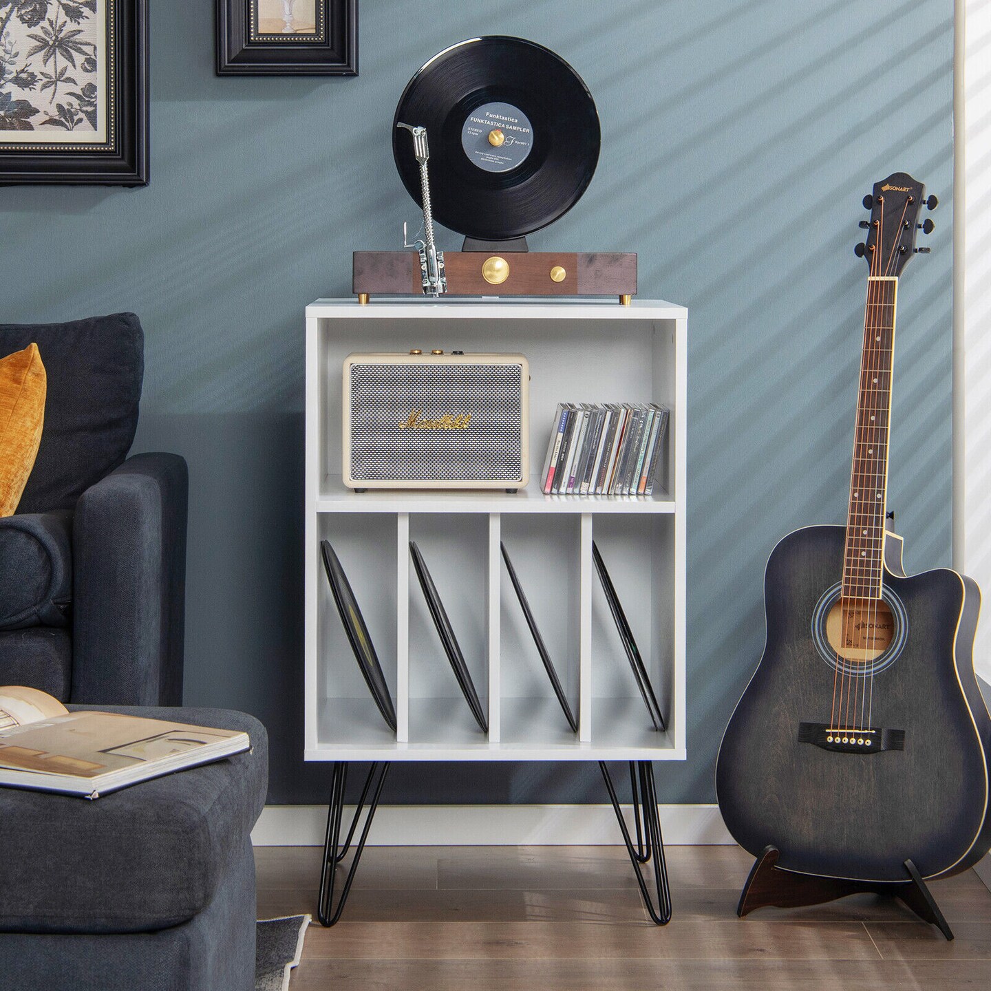 Freestanding Record Player Stand Record Storage Cabinet with Metal Legs