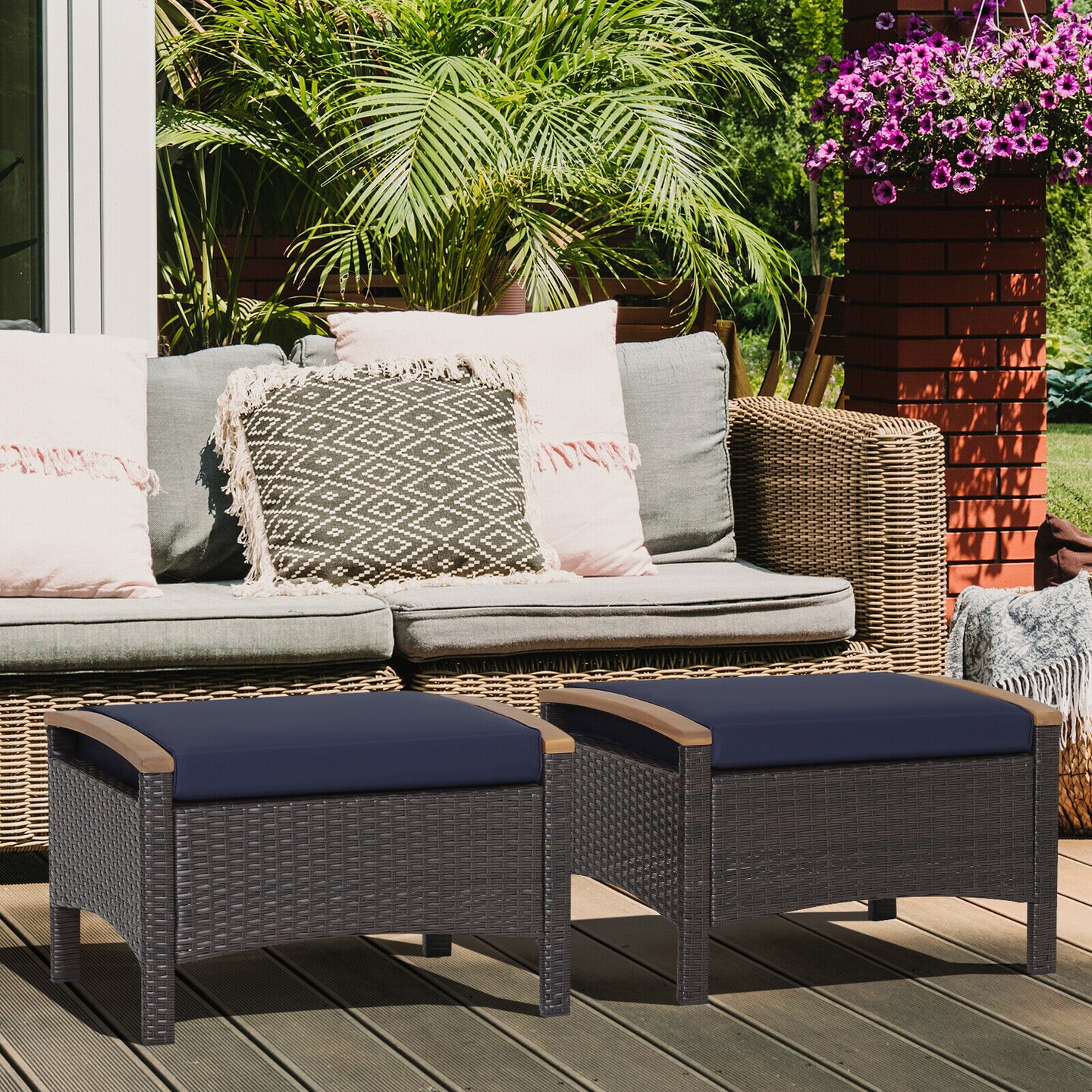 Set of 2 Fade-Resistant Wicker Patio Ottoman
