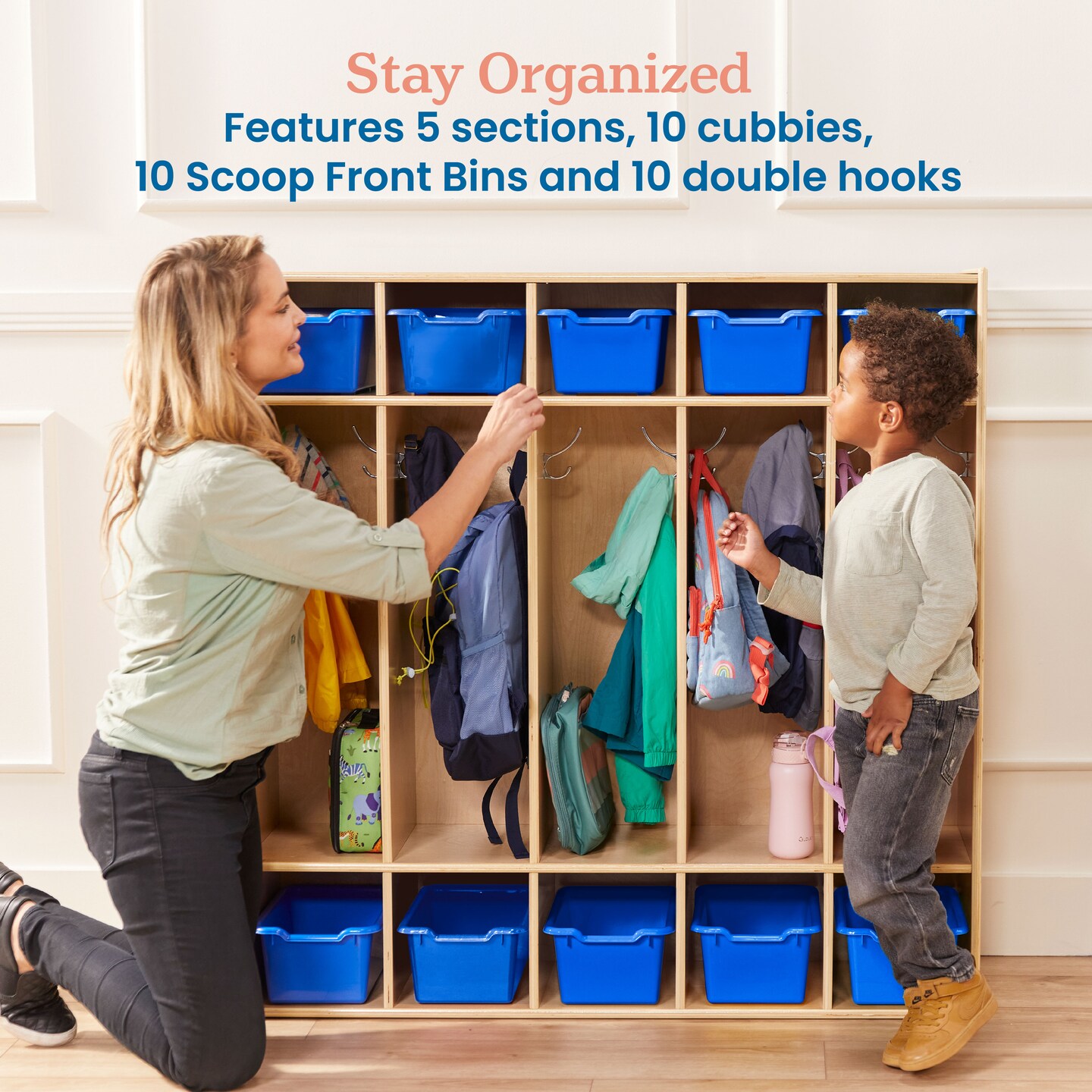 Streamline 5-Section Coat Locker with Scoop Front Storage Bins, Natural, Classroom Furniture