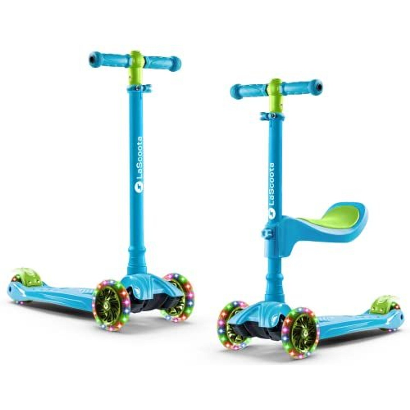LaScoota 2-in-1 Kids Kick Scooter, Adjustable Height Handlebars and Removable Seat, 3 LED Lighted Wheels and Anti-Slip Deck for Boys &#x26; Girls Aged 3-10 &#x26; up to 100 Lbs. Gift-Ready Mini Scooter Toddler