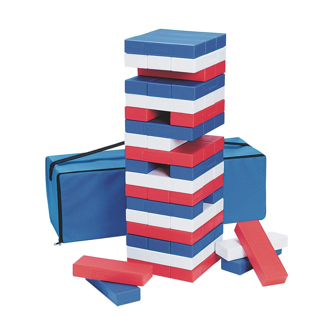 S&#x26;S Worldwide Patriotic Super Tumbling Timbers. Giant Version of Popular Stacking Game with Light Hollow Plastic Blocks. 50% Lighter than Wood!  Includes Activity Guide, bag, 54 - 9&#x22;x3&#x22;x1.6&#x22; blocks.