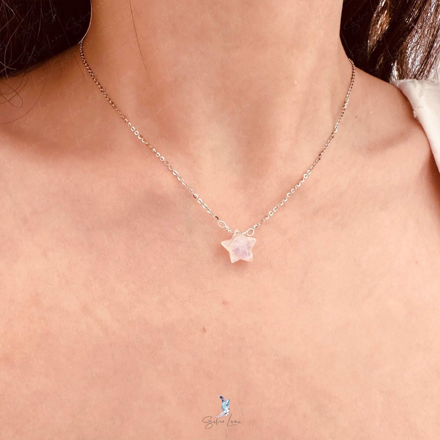 Star rainbow moonstone pendant necklace in sterling silver