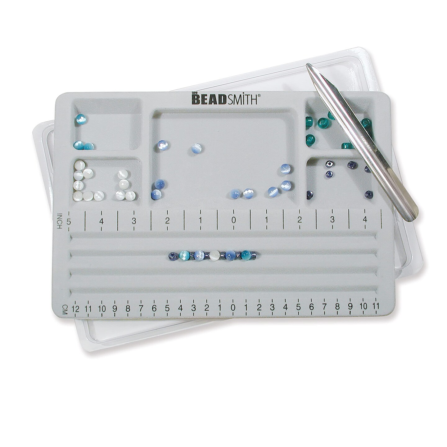 Mini Bead Board, Grey Flocked, 4 Straight Channels, 5 Recessed Compartments, 7.75 x 11.25 inches, design boards for creating bracelets, necklaces and other jewelry